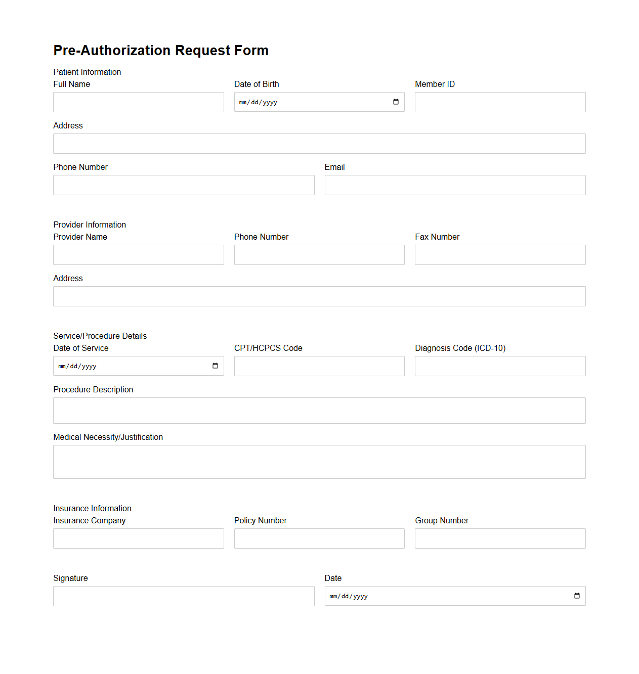 Pre-Authorization Request Form Example