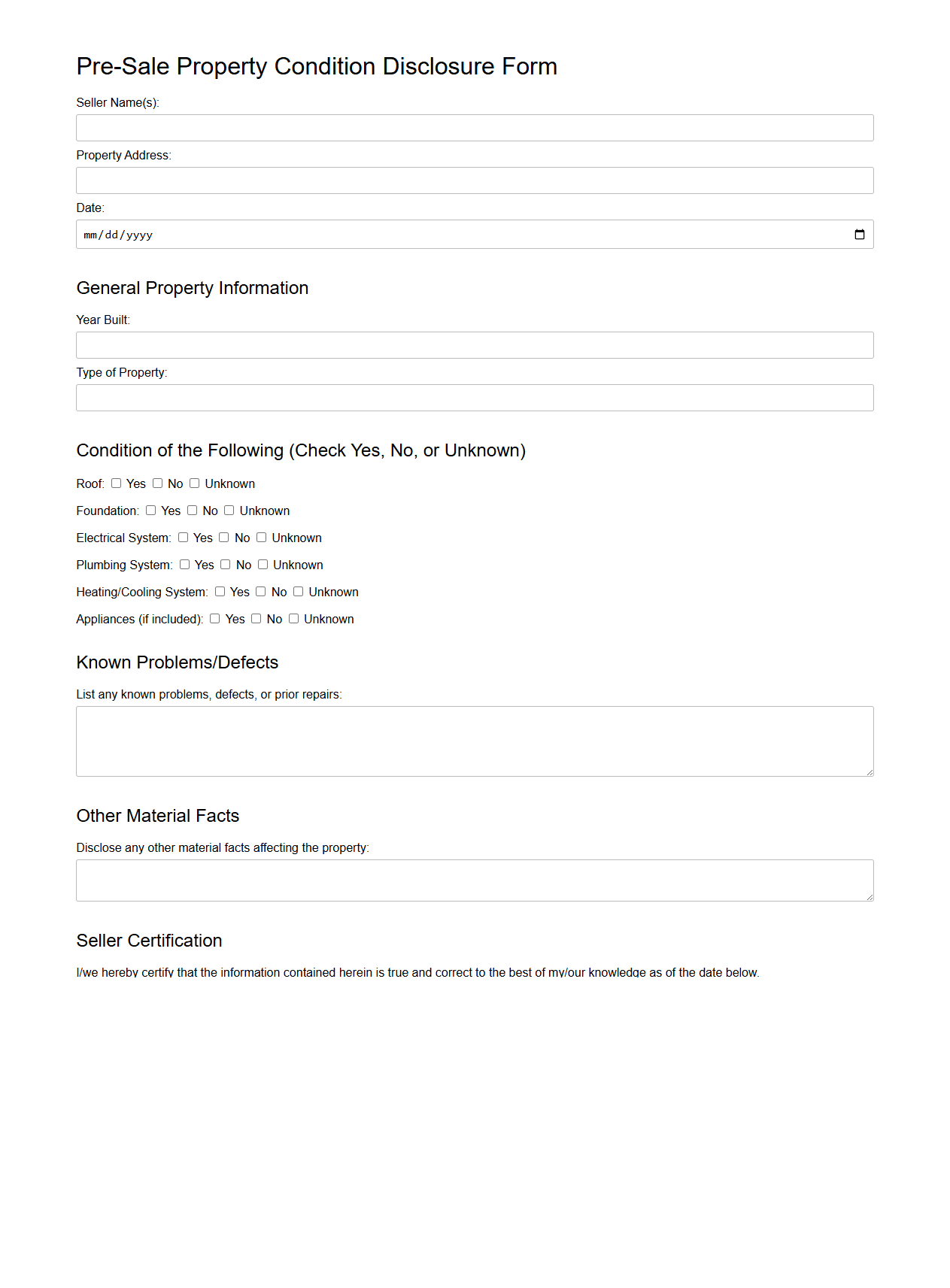 Pre-Sale Property Condition Disclosure Form