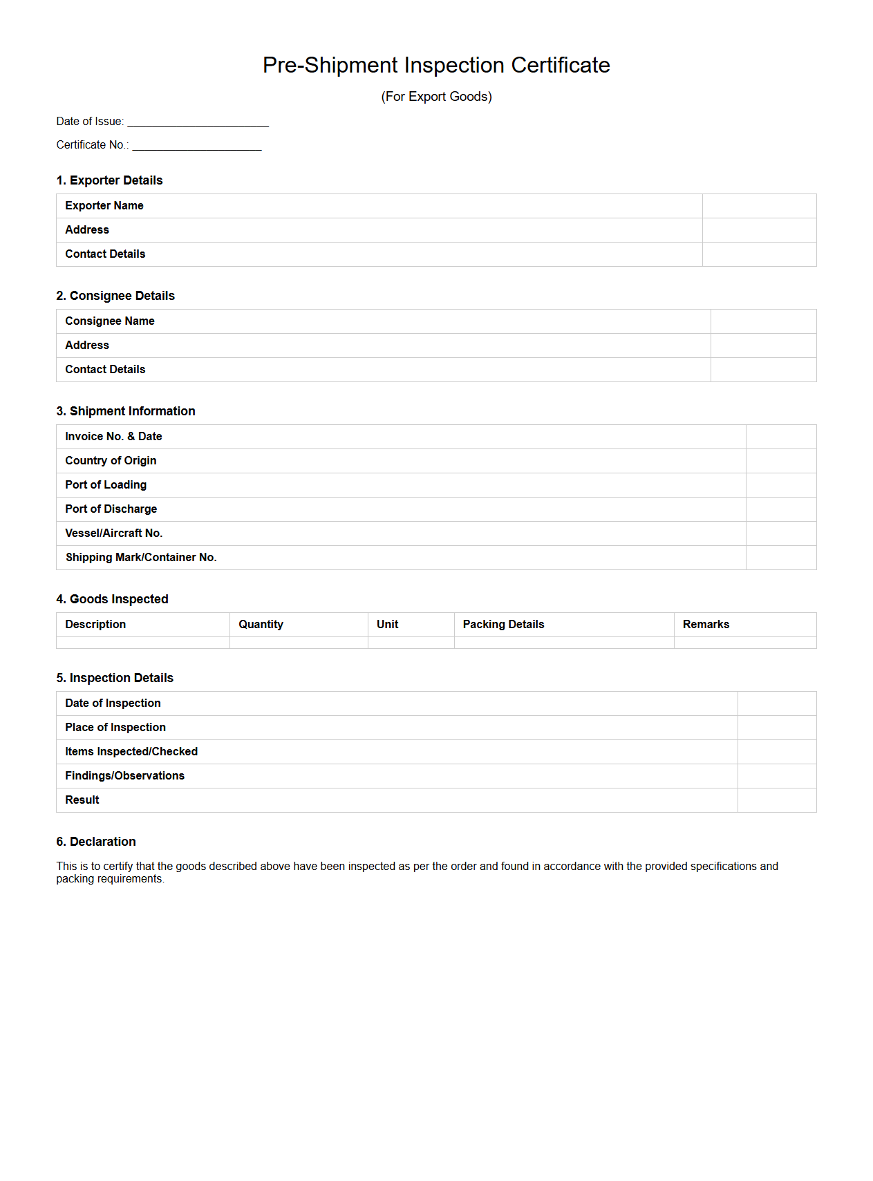 Pre-Shipment Inspection Certificate Format for Export Goods