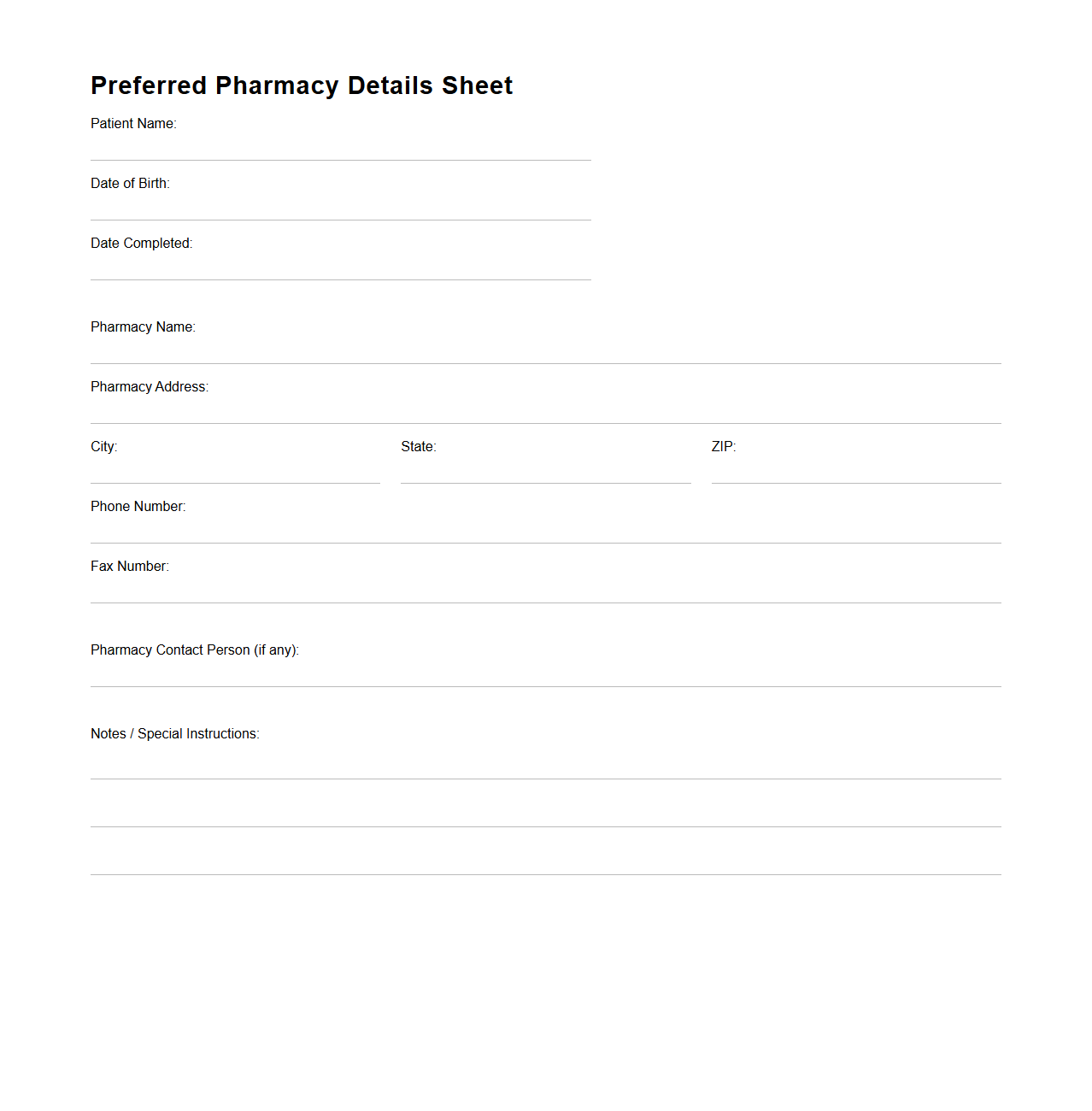 Preferred Pharmacy Details Sheet Sample