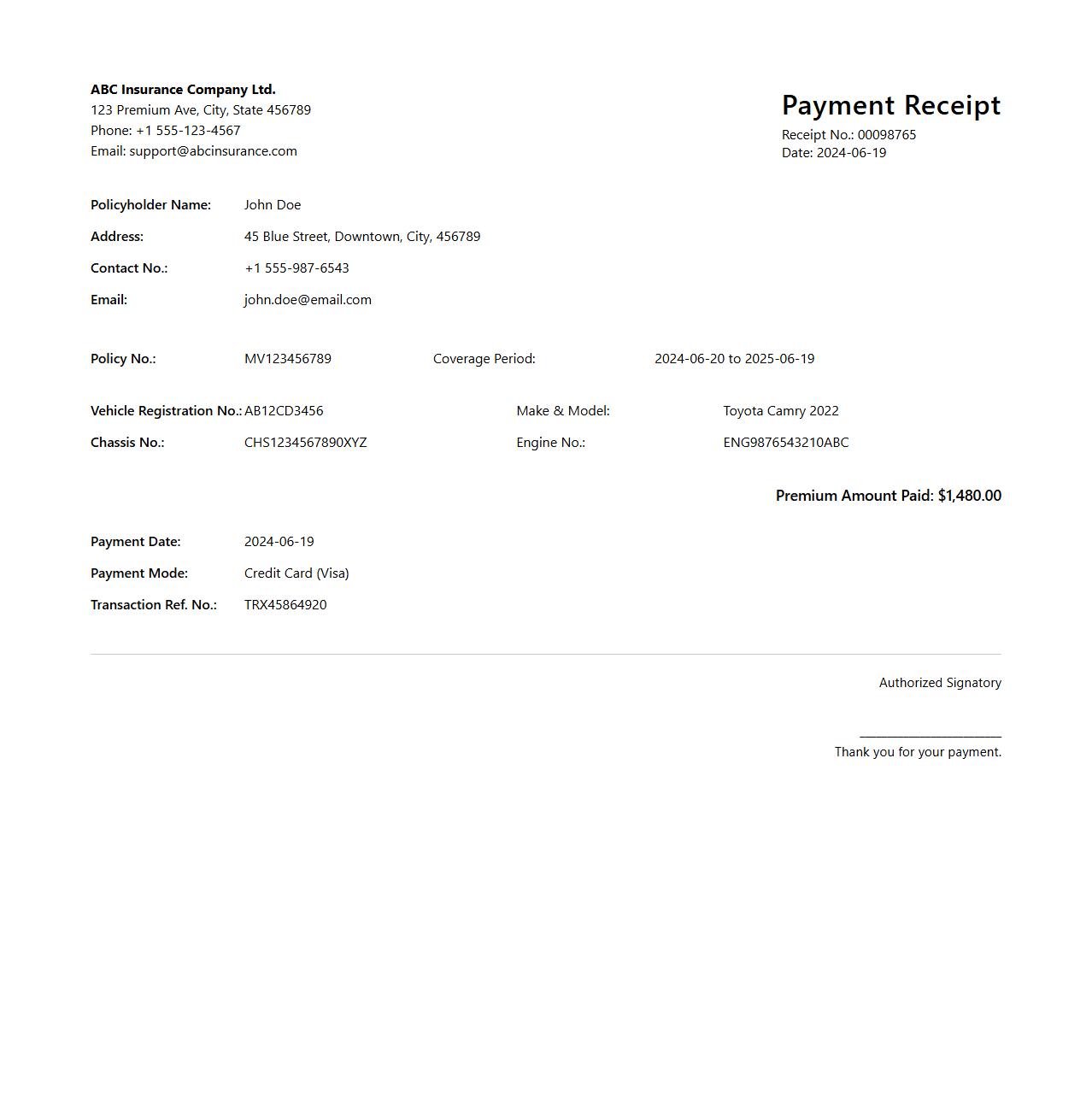 Premium Payment Receipt Example for Motor Vehicle Insurance