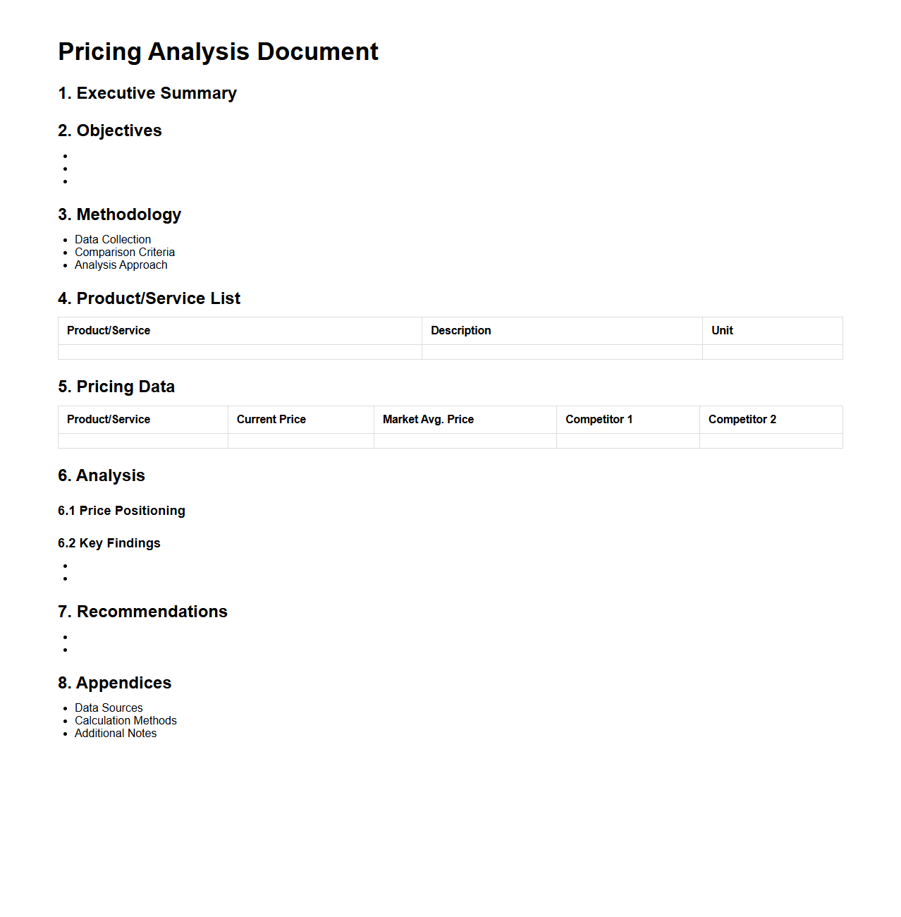 Pricing Analysis Document Structure