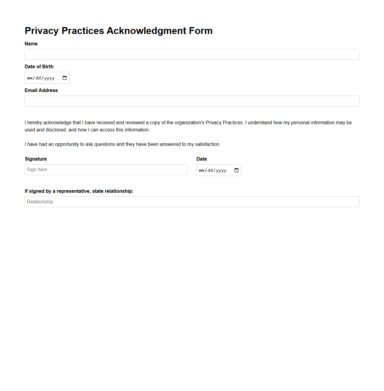 Privacy Practices Acknowledgment Form Template