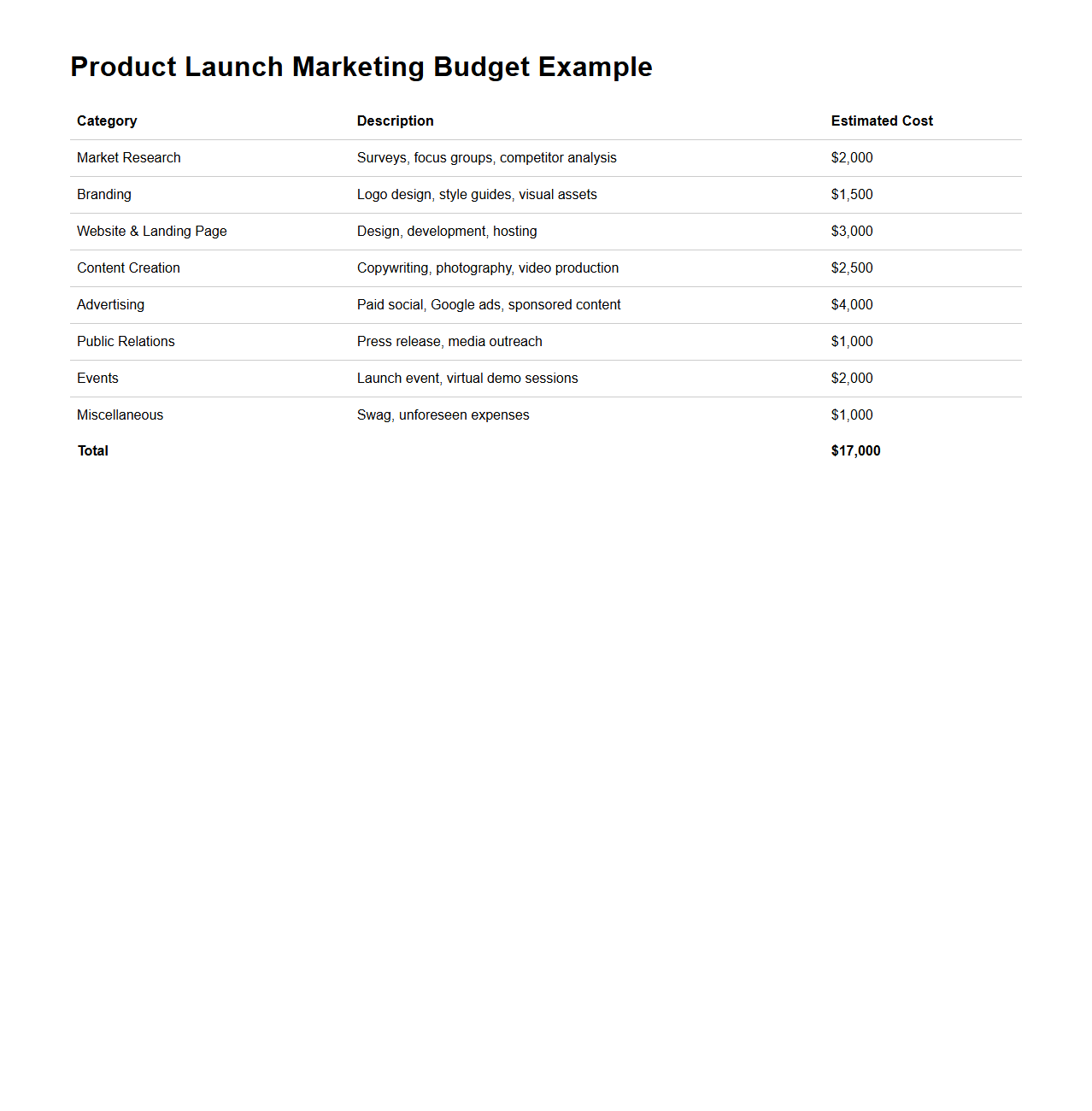 Product Launch Marketing Budget Example