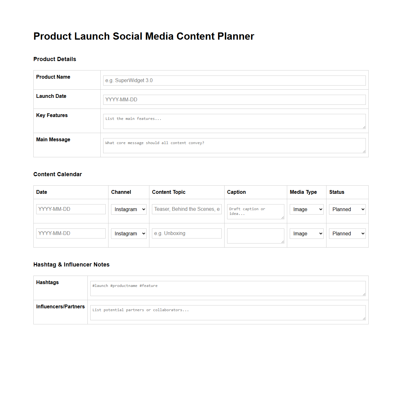 Product Launch Social Media Content Planner