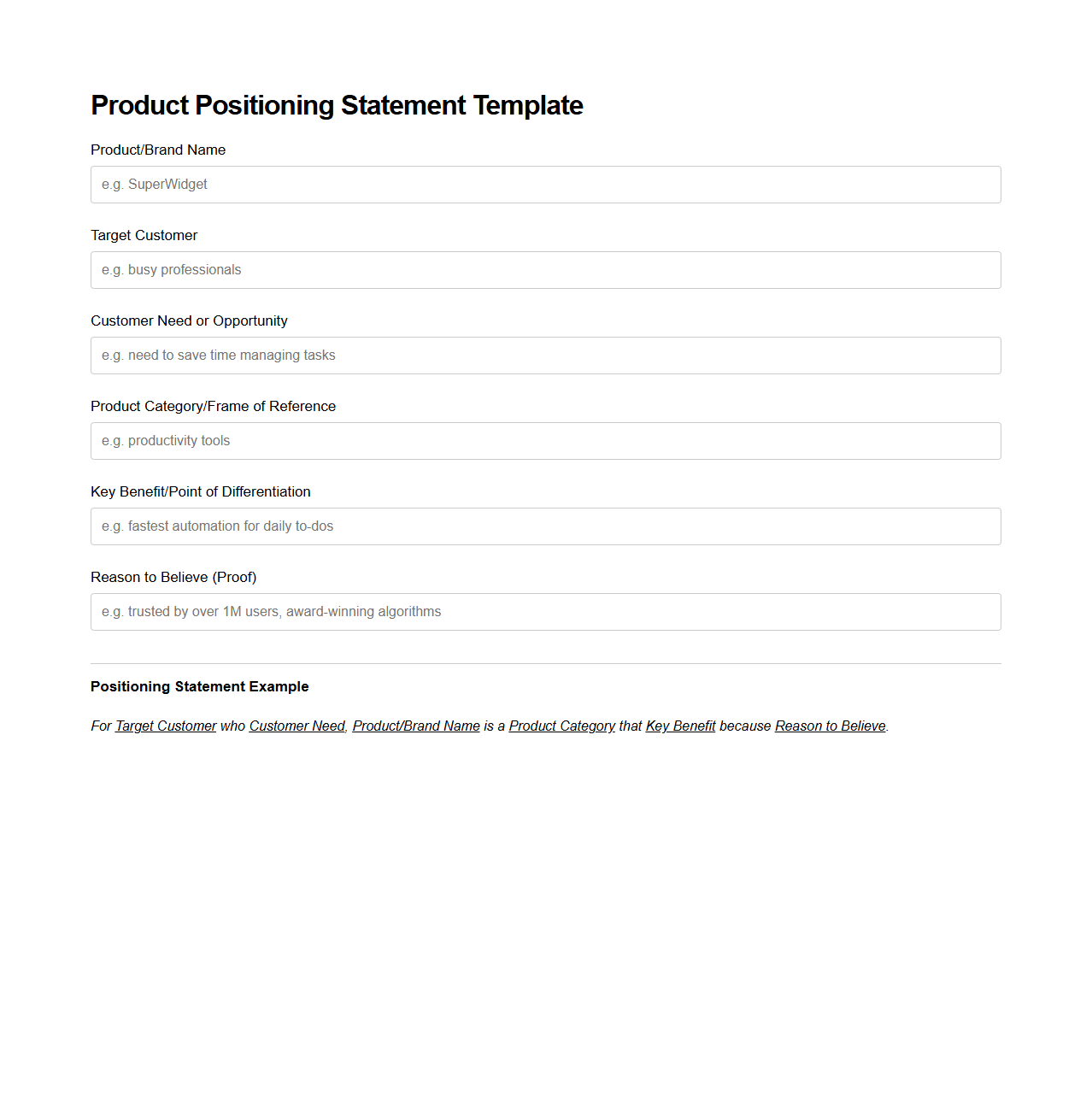 Product Positioning Statement Template