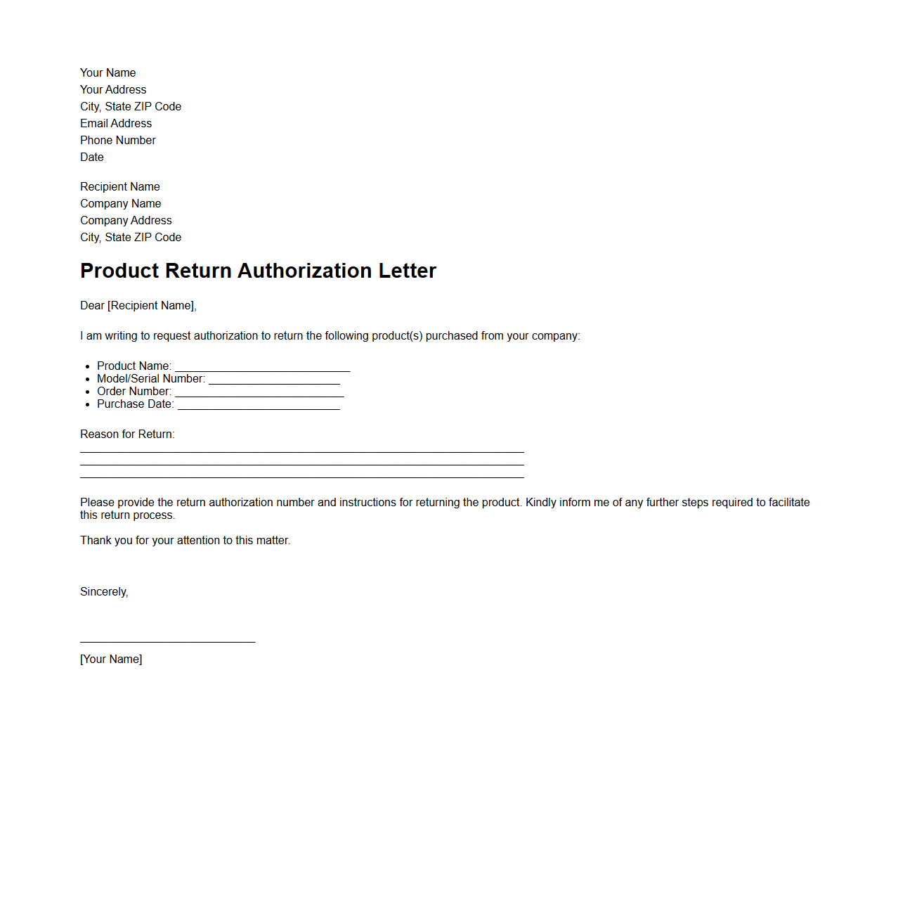 Product Return Authorization Letter Example