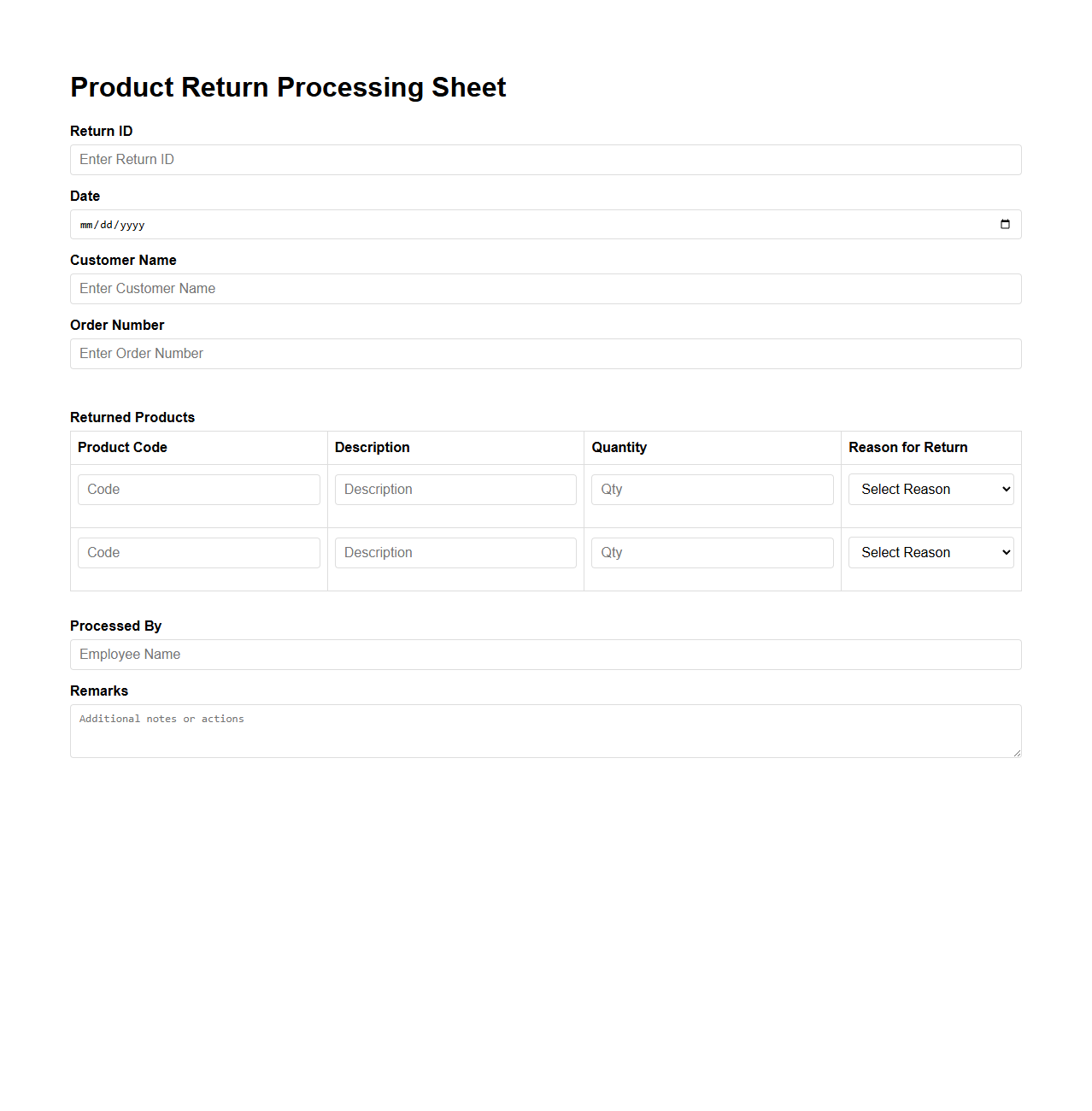 Product Return Processing Sheet Example