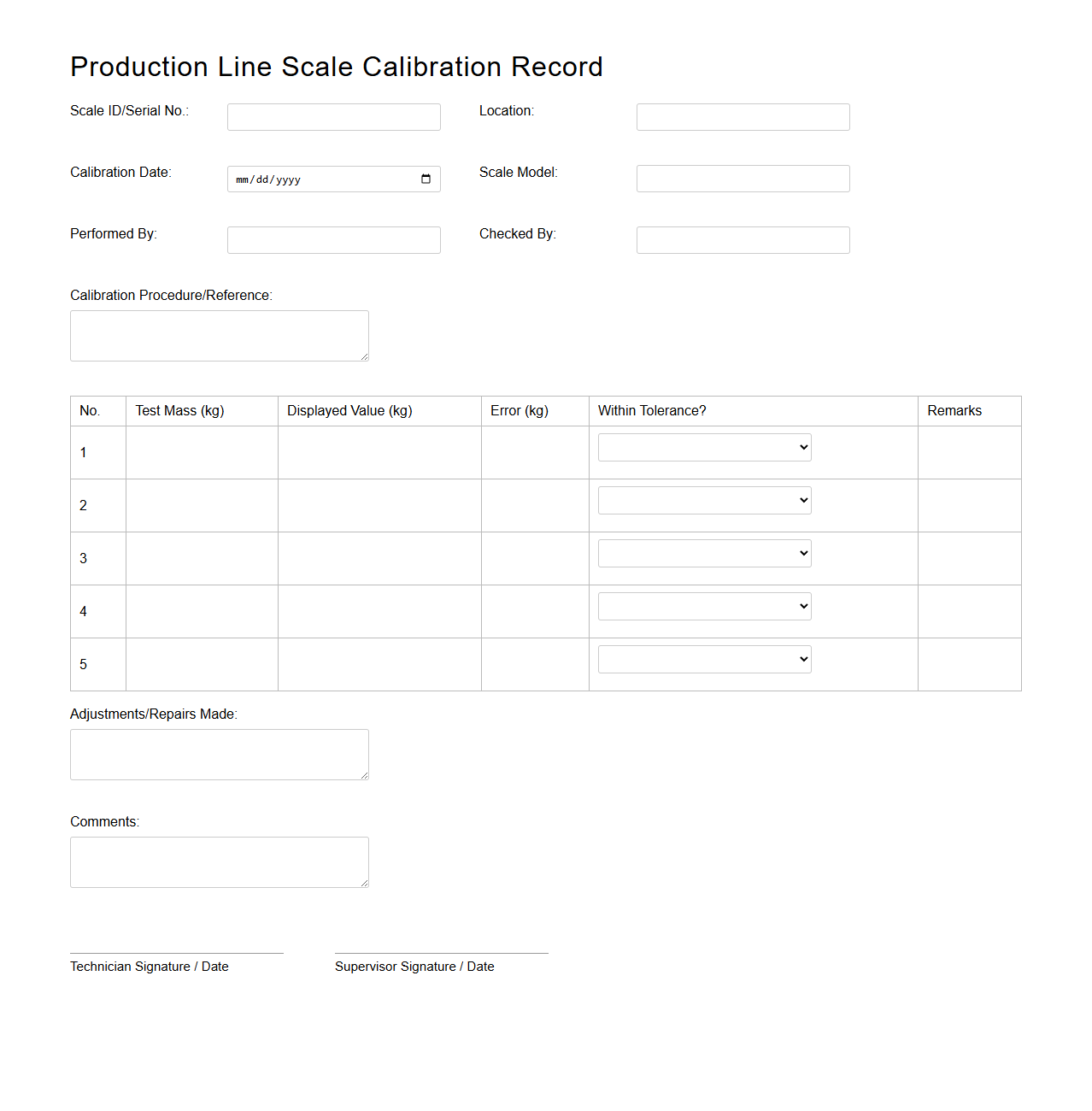 Production Line Scale Calibration Record