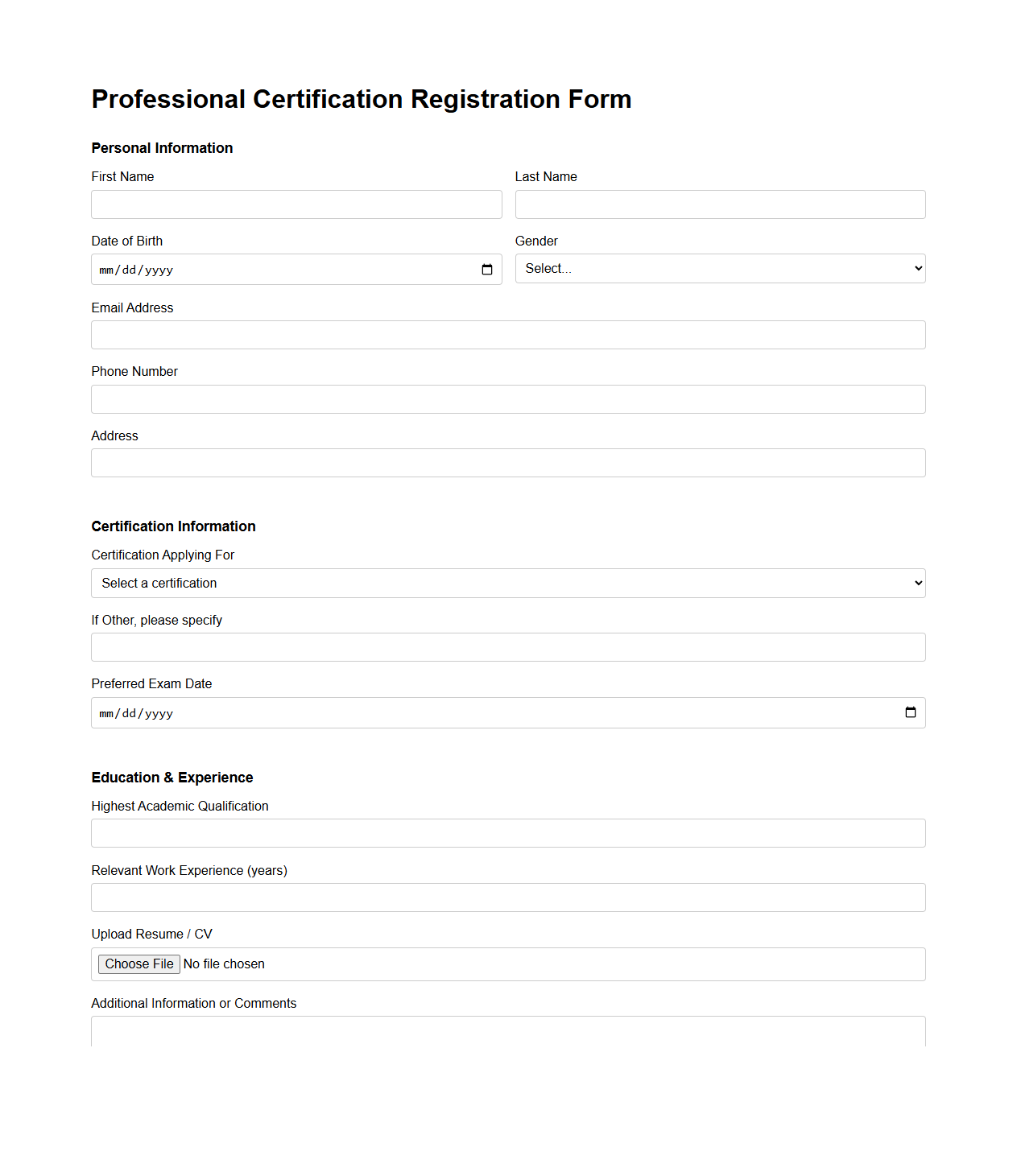 Professional Certification Registration Form