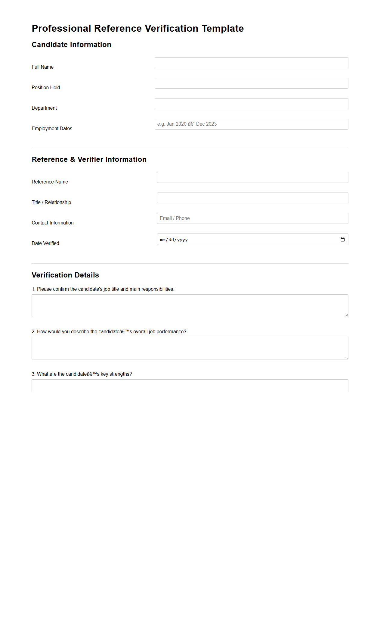 Professional Reference Verification Template for Previous Employers