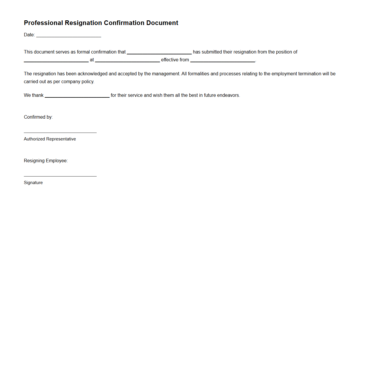 Professional Resignation Confirmation Document