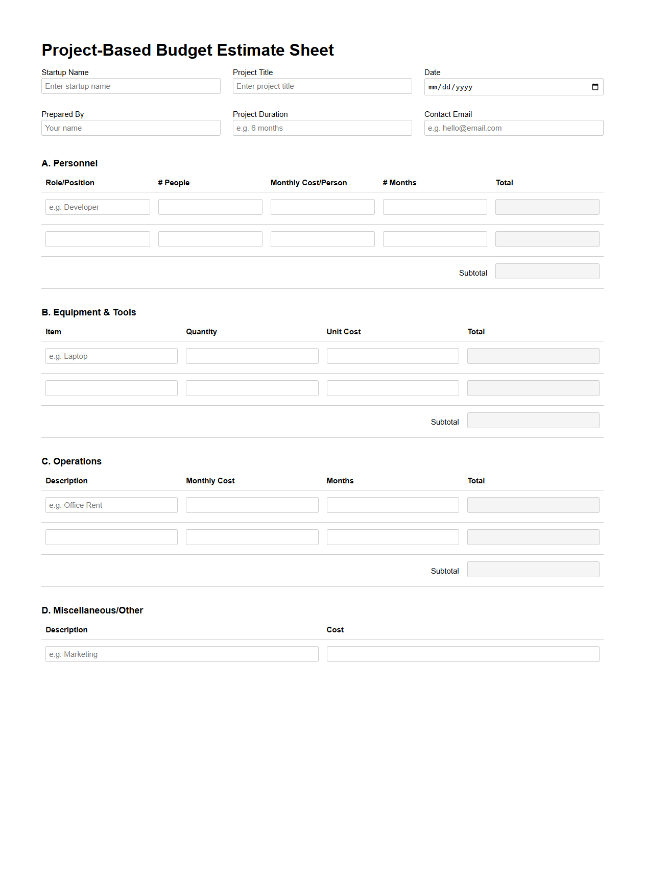 Project-Based Budget Estimate Sheet for Startups