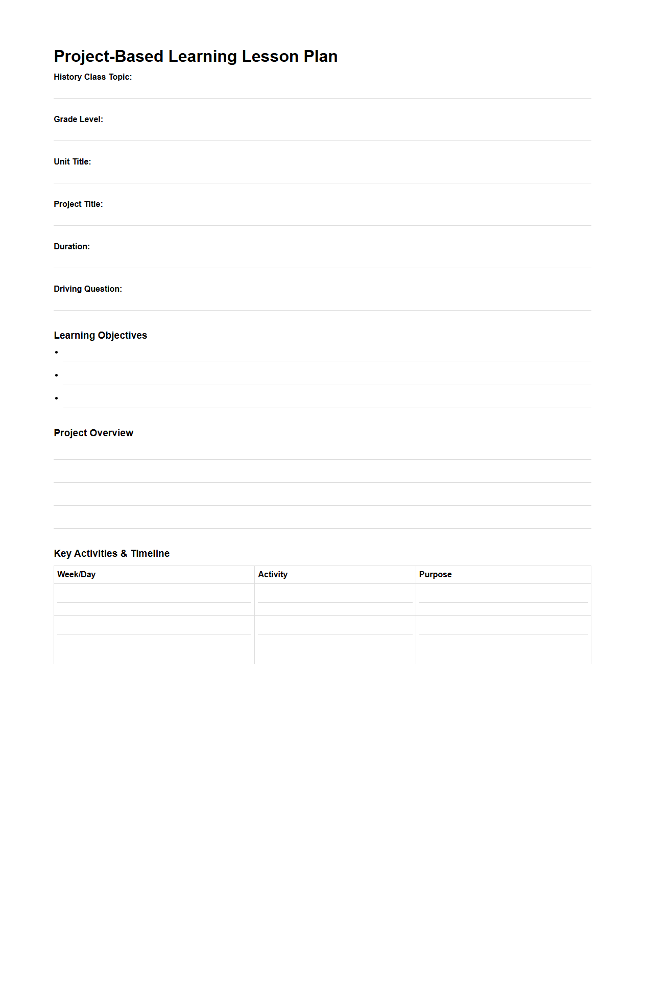 Project-Based Learning Lesson Plan for History Class