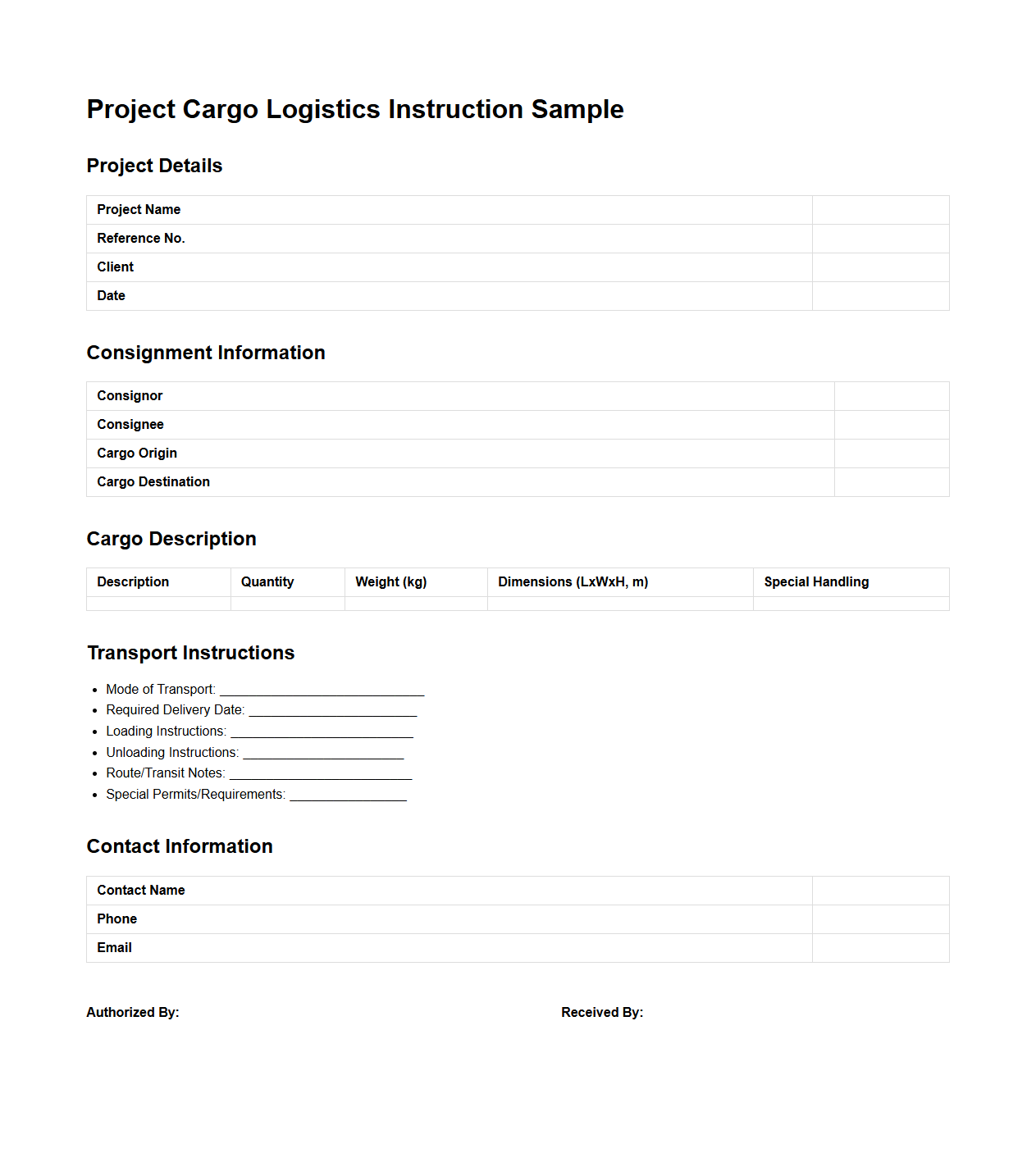 Project Cargo Logistics Instruction Sample