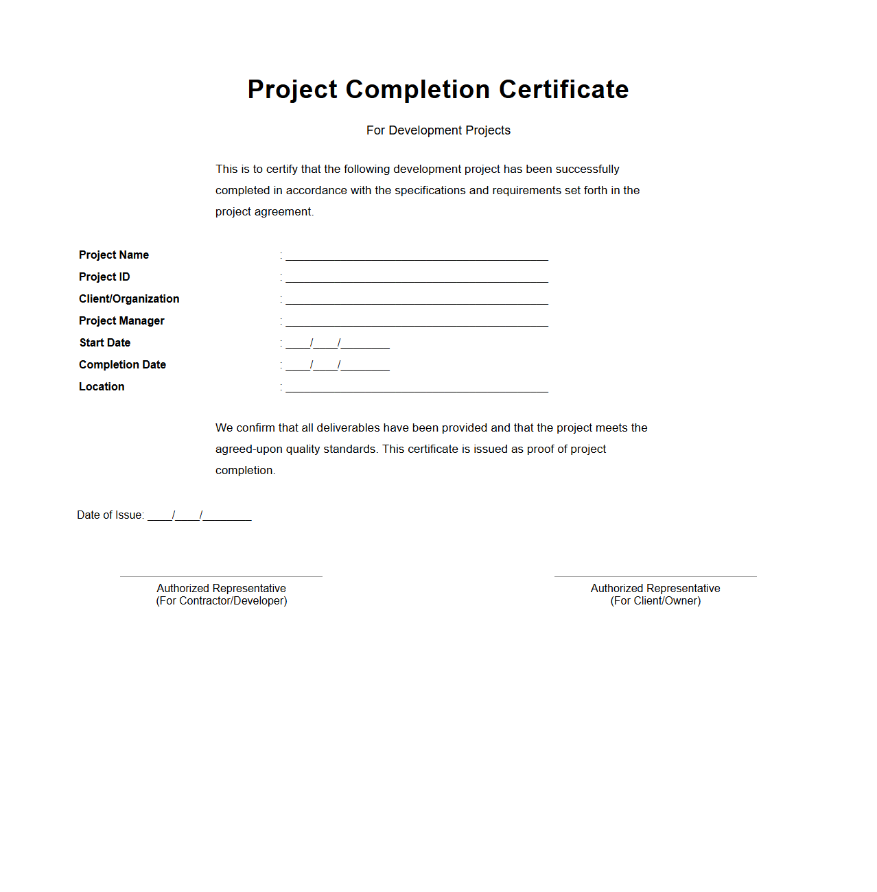 Project Completion Certificate Sample for Development Projects