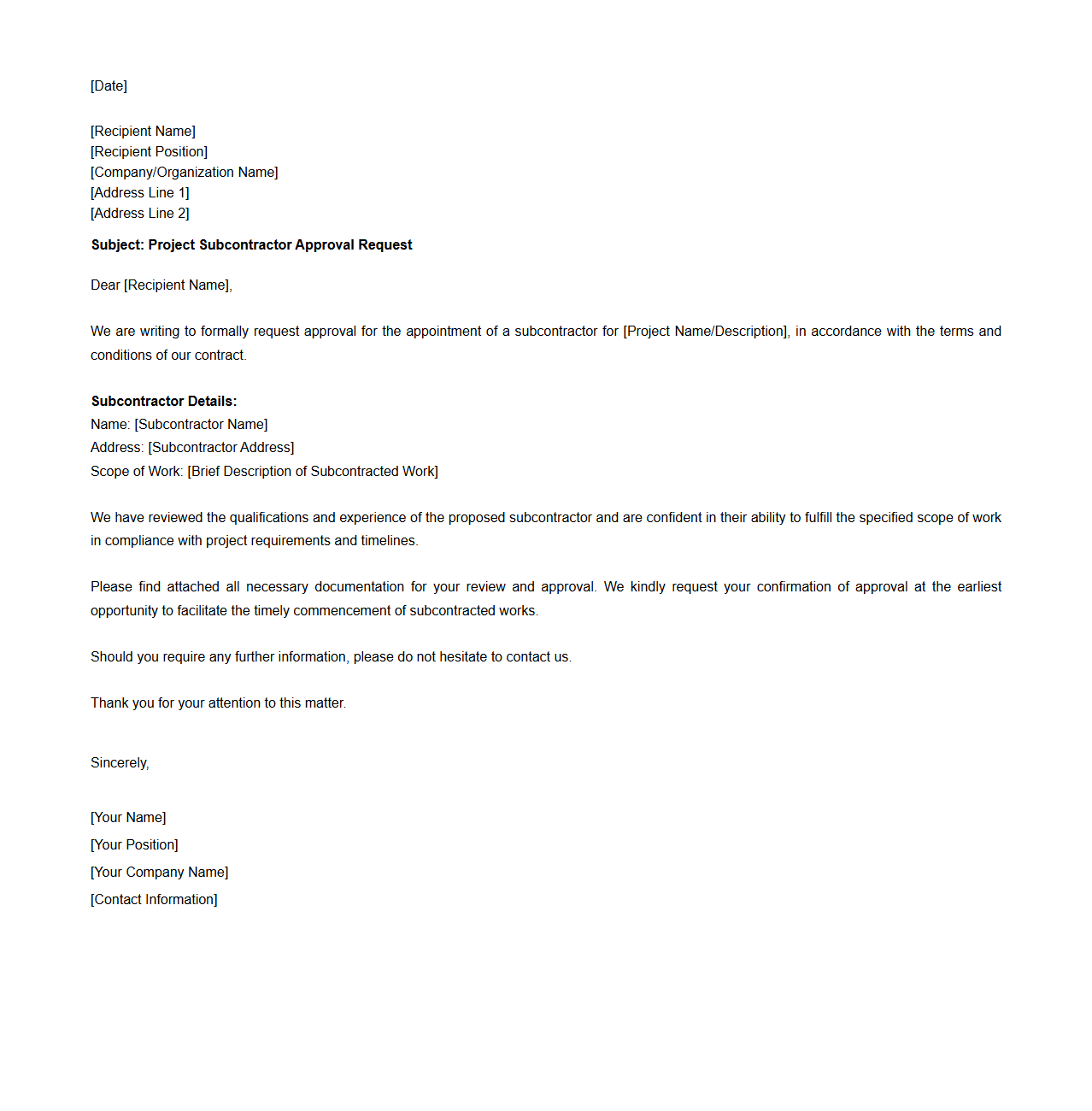 Project Subcontractor Approval Request Letter