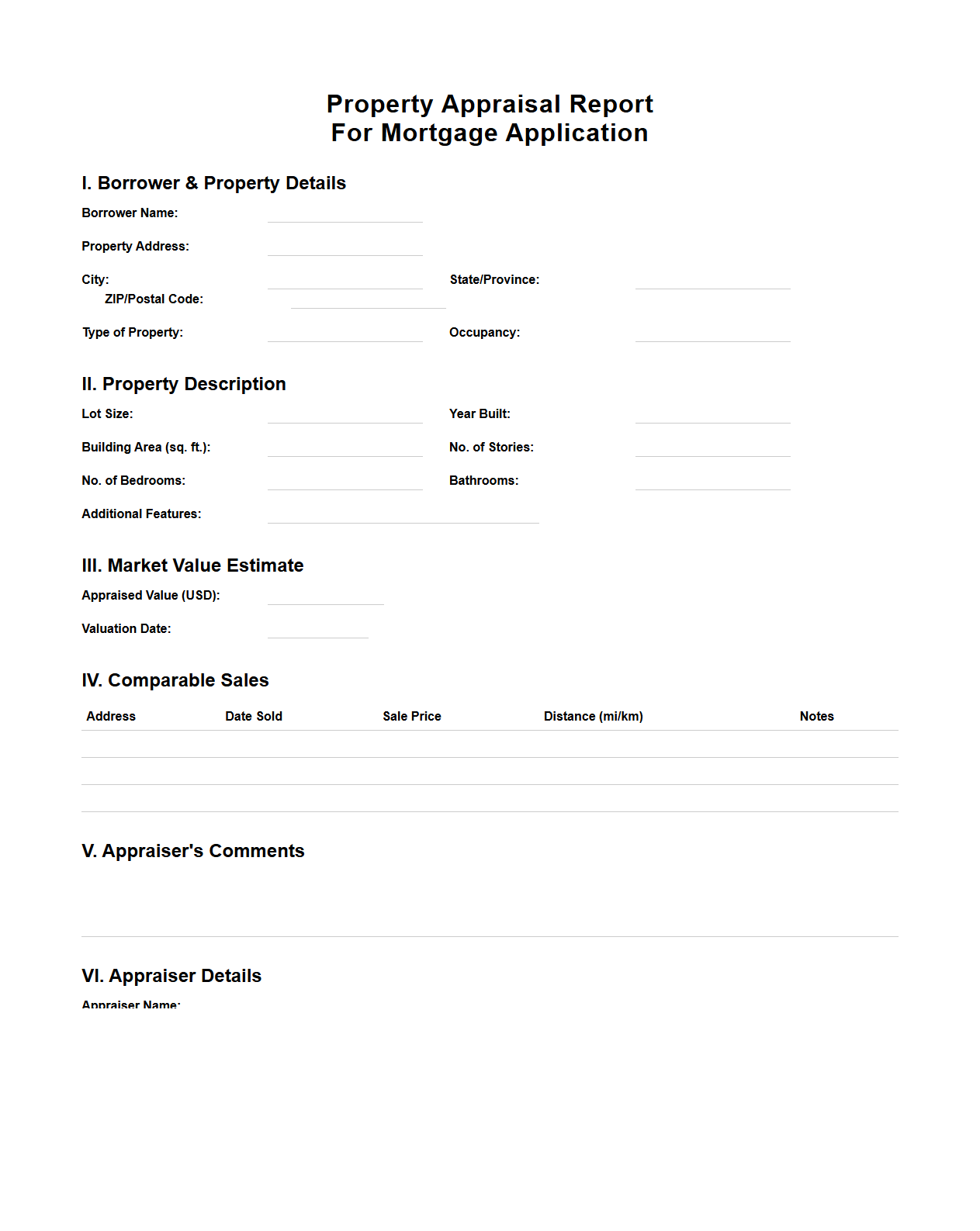 Property Appraisal Report Template for Mortgage Application