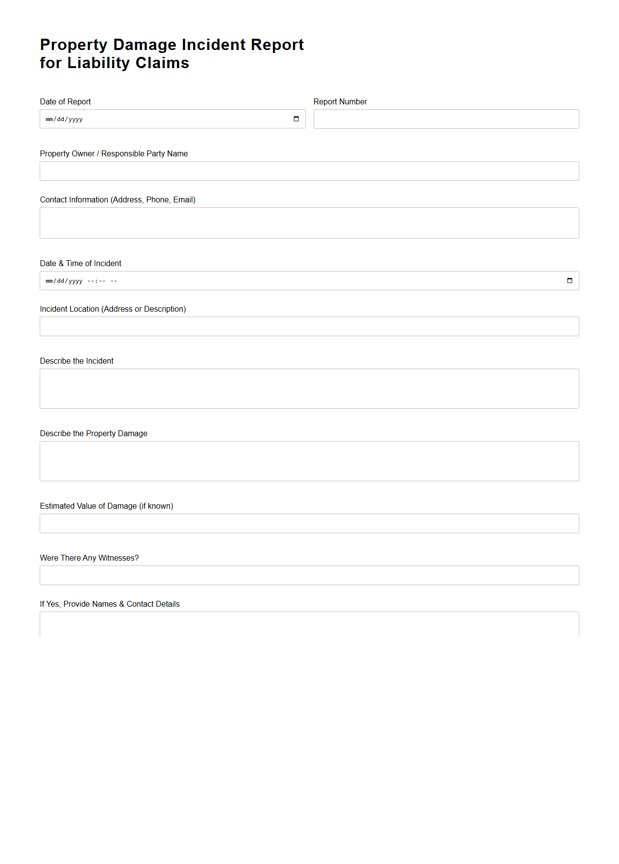 Property Damage Incident Report for Liability Claims