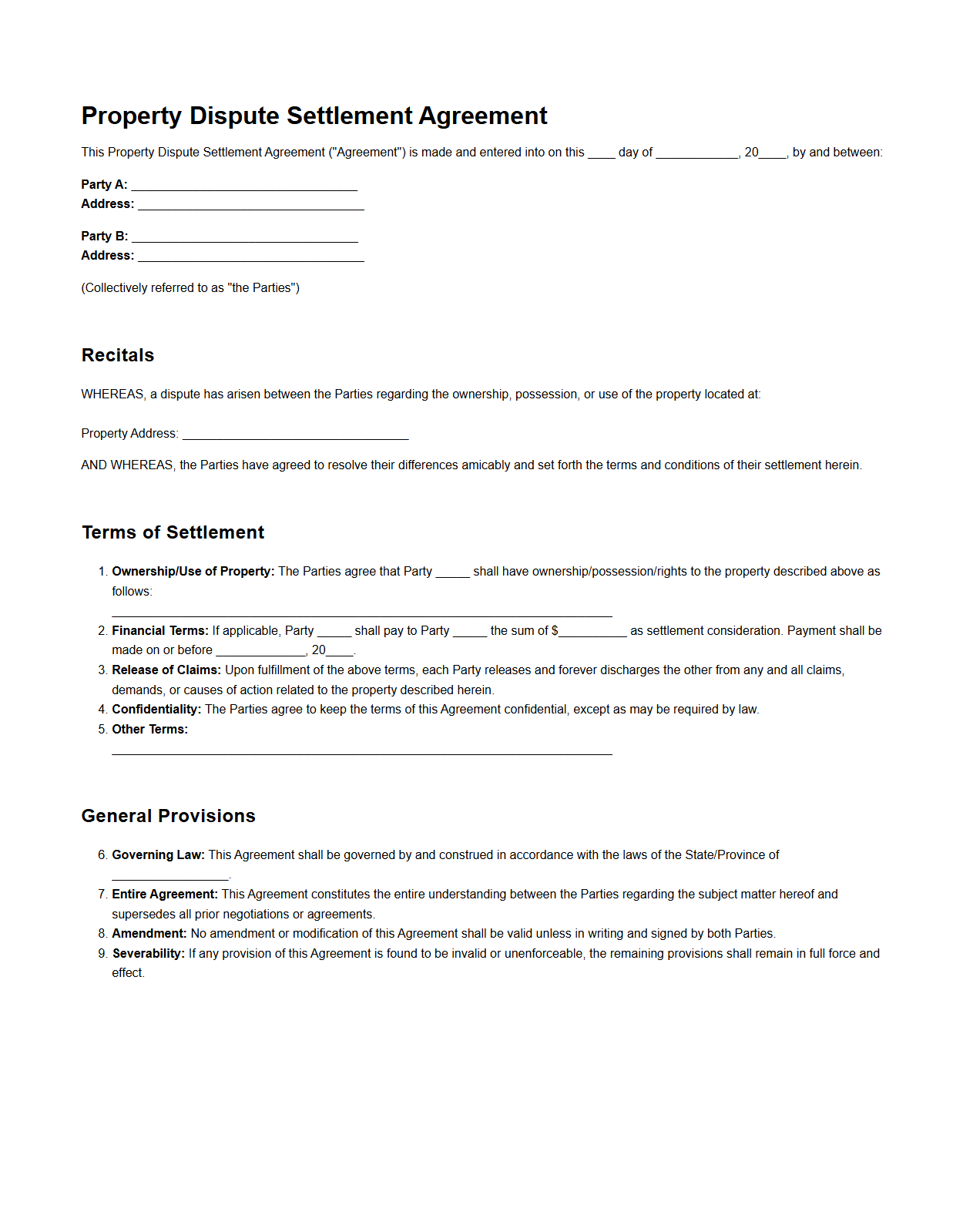 Property Dispute Settlement Agreement Example