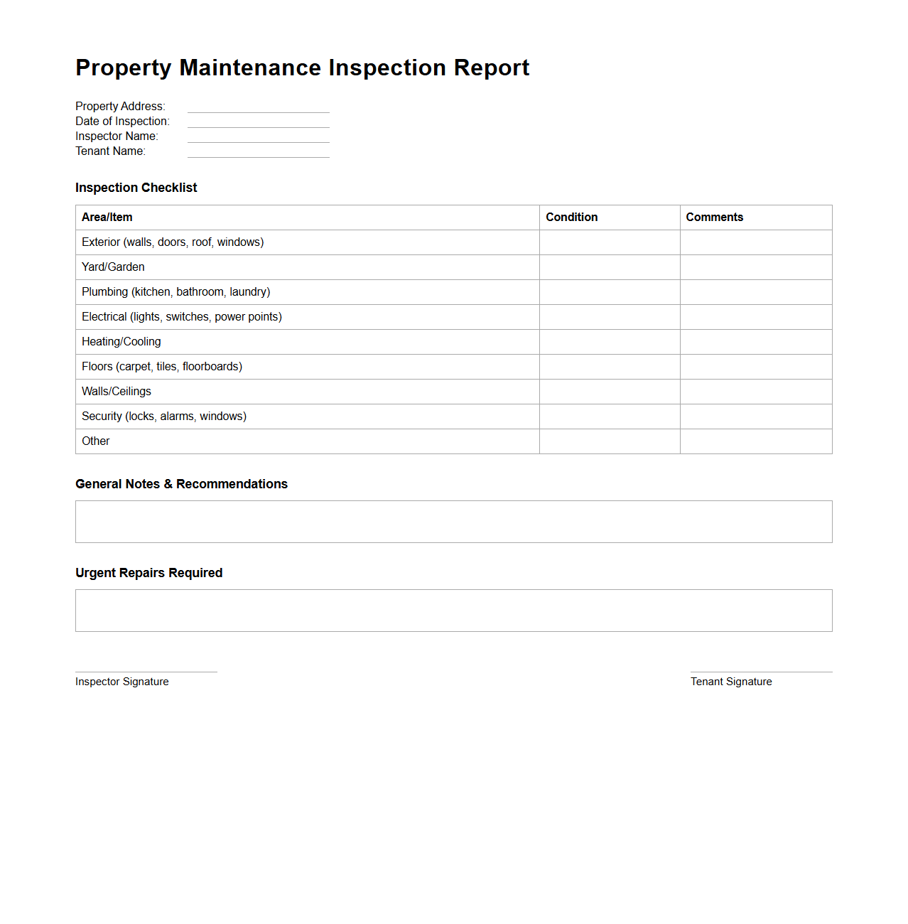 Property Maintenance Inspection Report Template