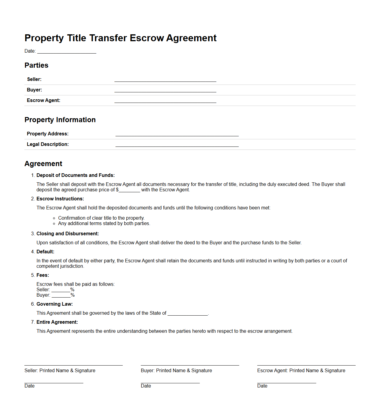 Property Title Transfer Escrow Agreement Model