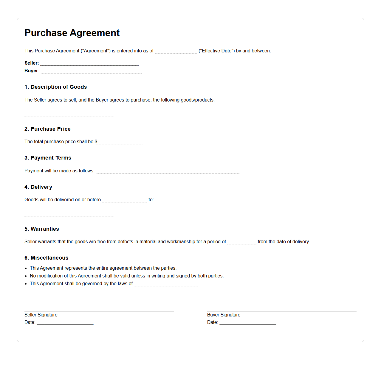 Purchase Agreement Document Sample