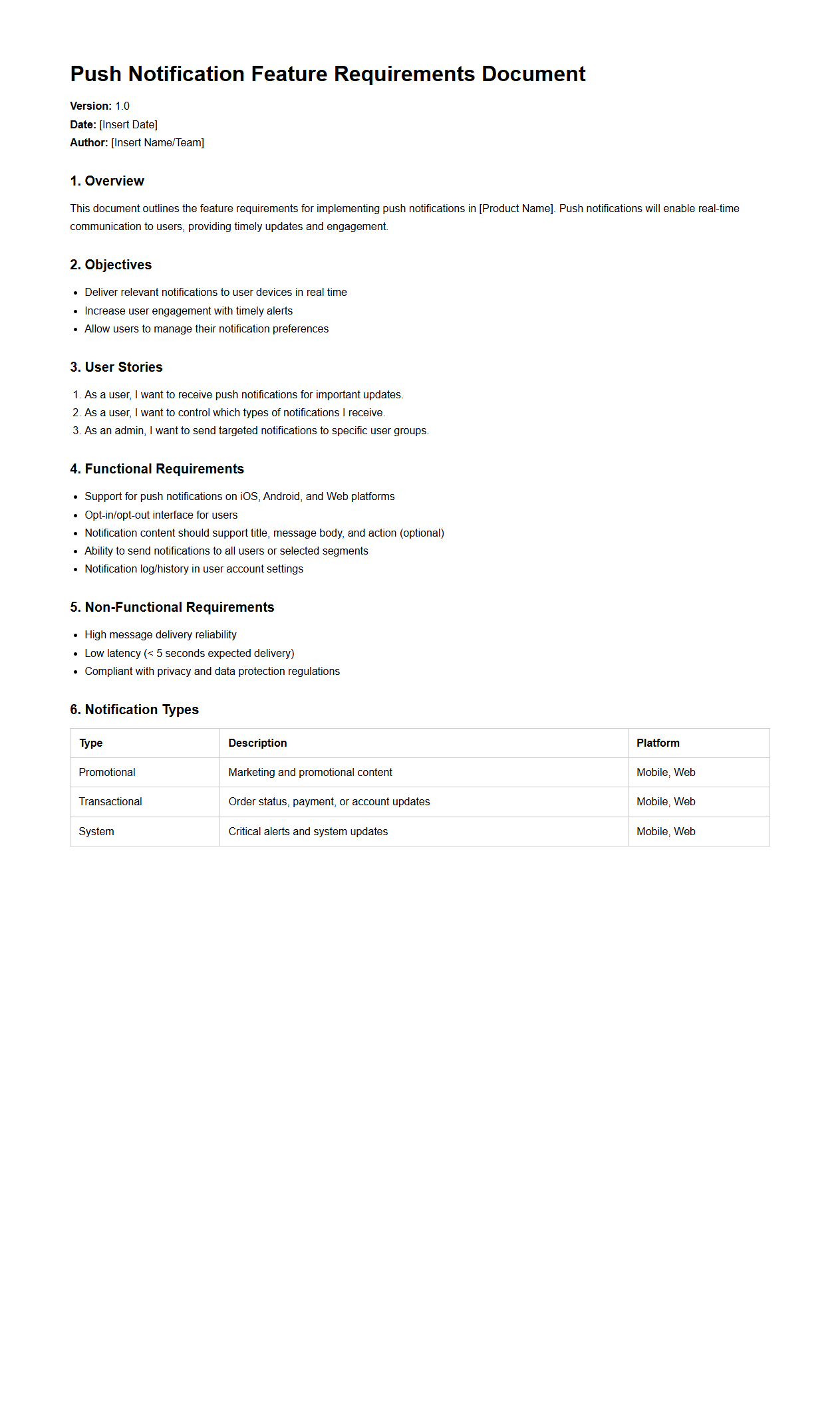 Push Notification Feature Requirements Document Example