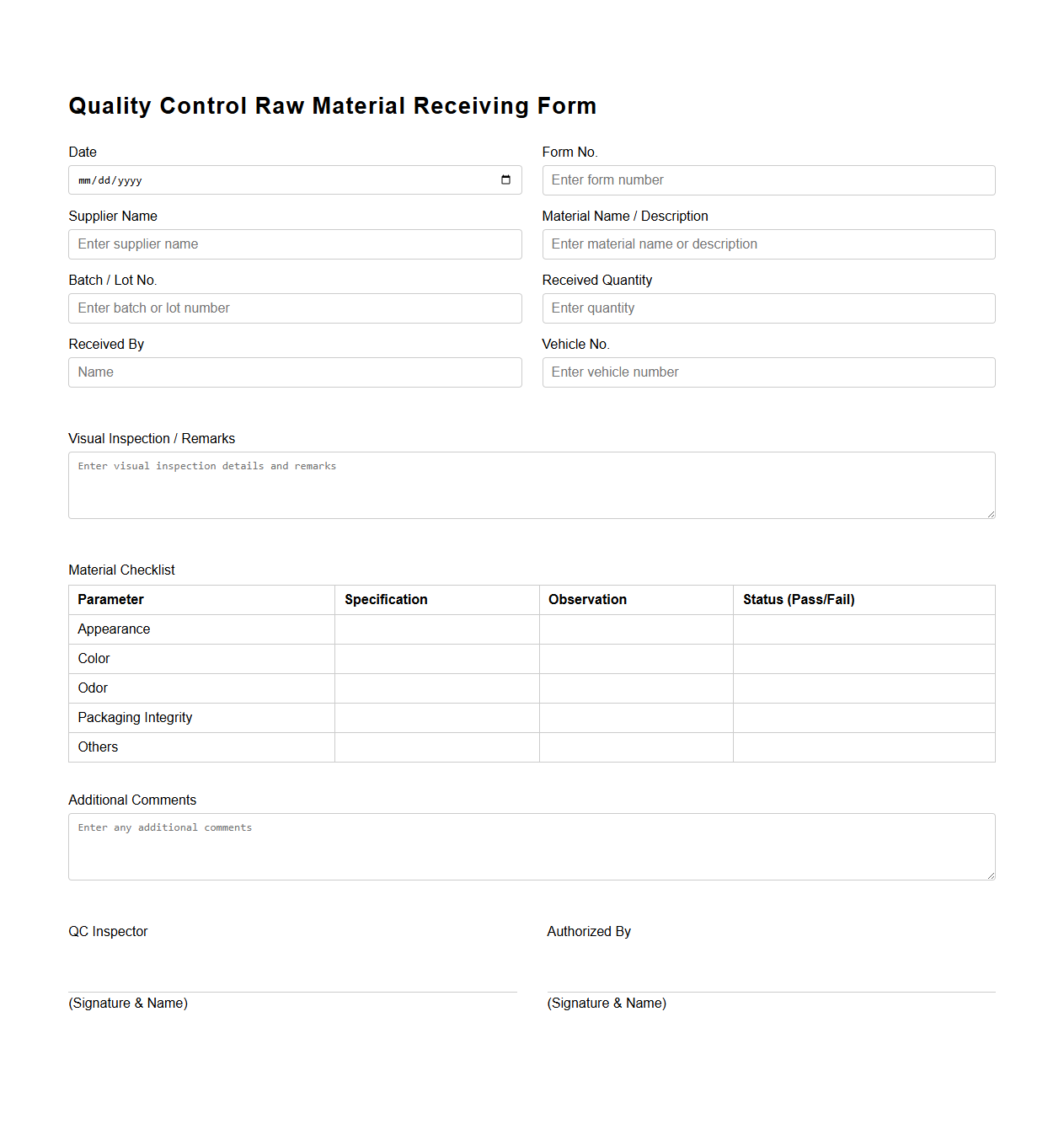Quality Control Raw Material Receiving Form Sample