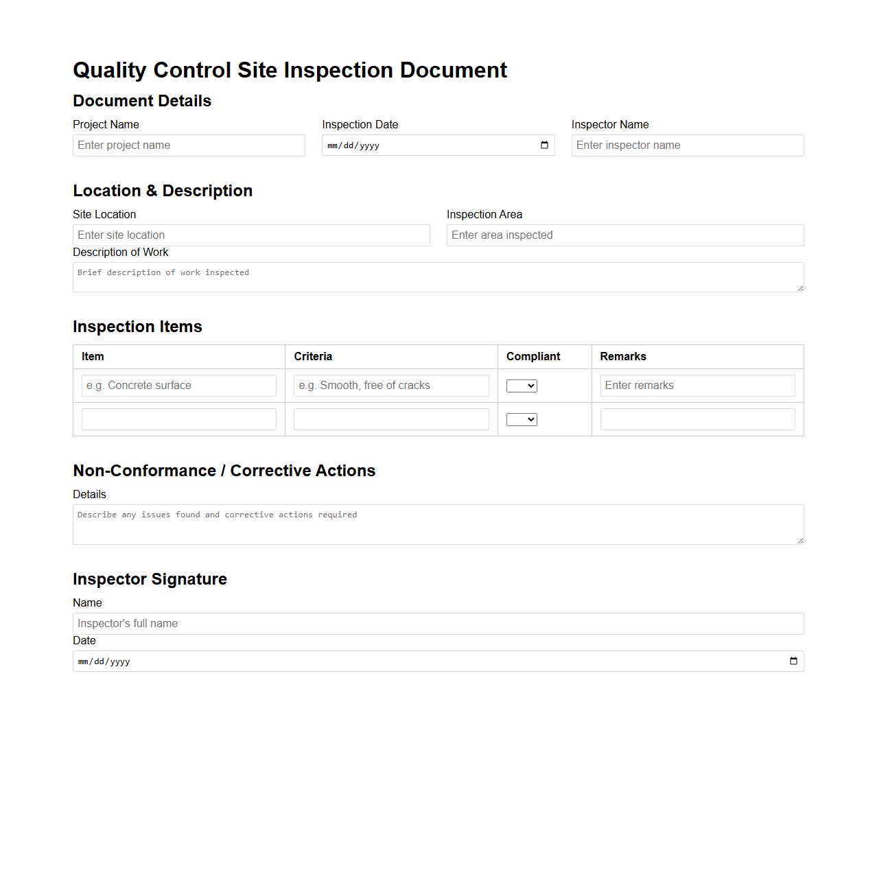 Quality Control Site Inspection Document Example