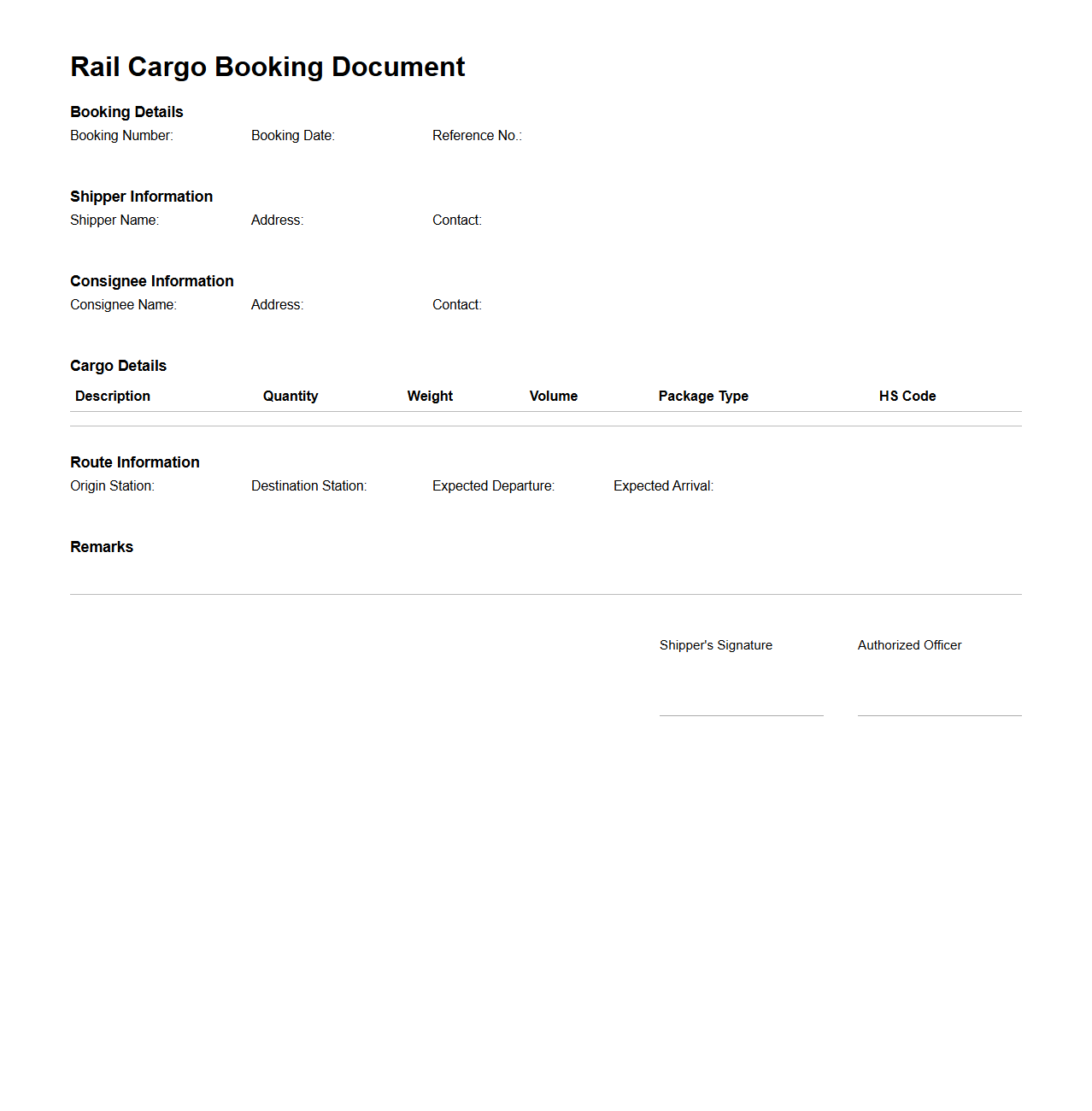 Rail Cargo Booking Document Sample