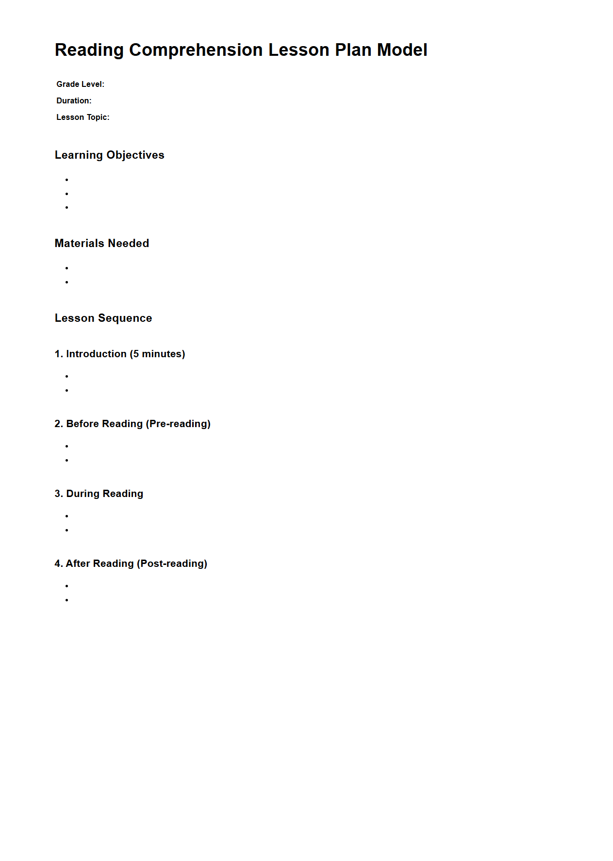 Reading Comprehension Lesson Plan Model for Primary Grades