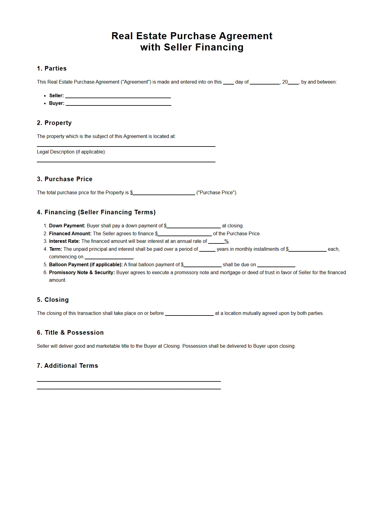 Real Estate Purchase Agreement with Seller Financing