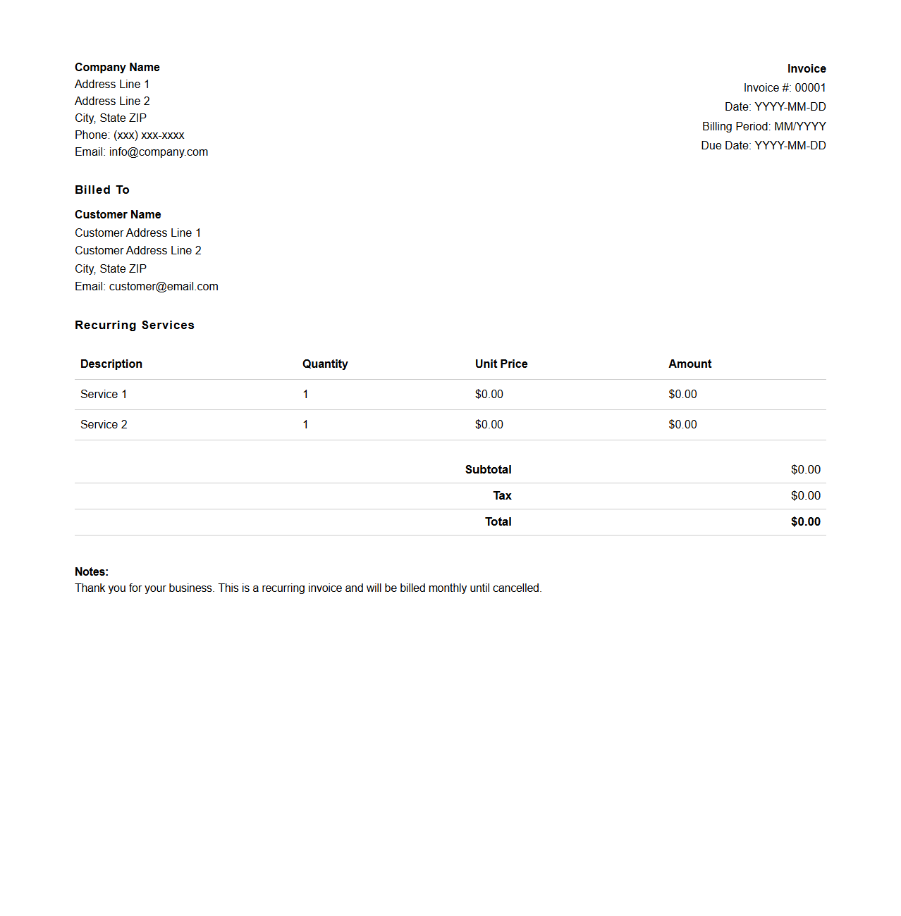 Recurring Monthly Billing Invoice Layout