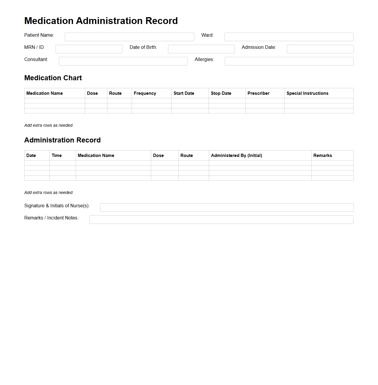 Rehabilitation Ward Medication Administration Record Template