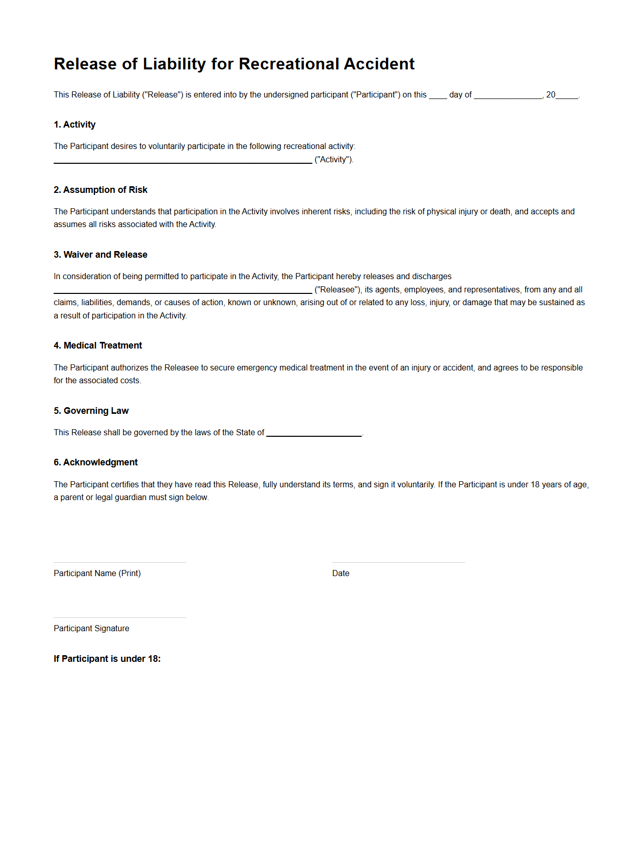 Release of Liability for Recreational Accident