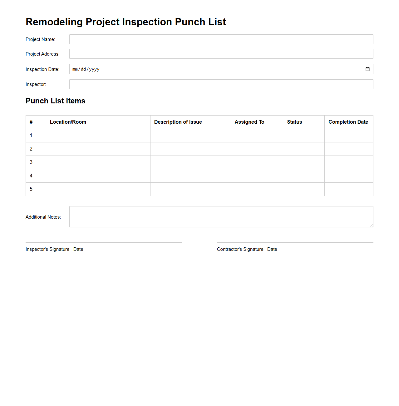 Remodeling Project Inspection Punch List