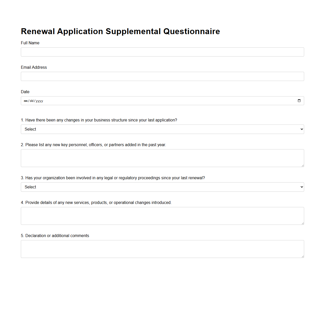 Renewal Application Supplemental Questionnaire Template