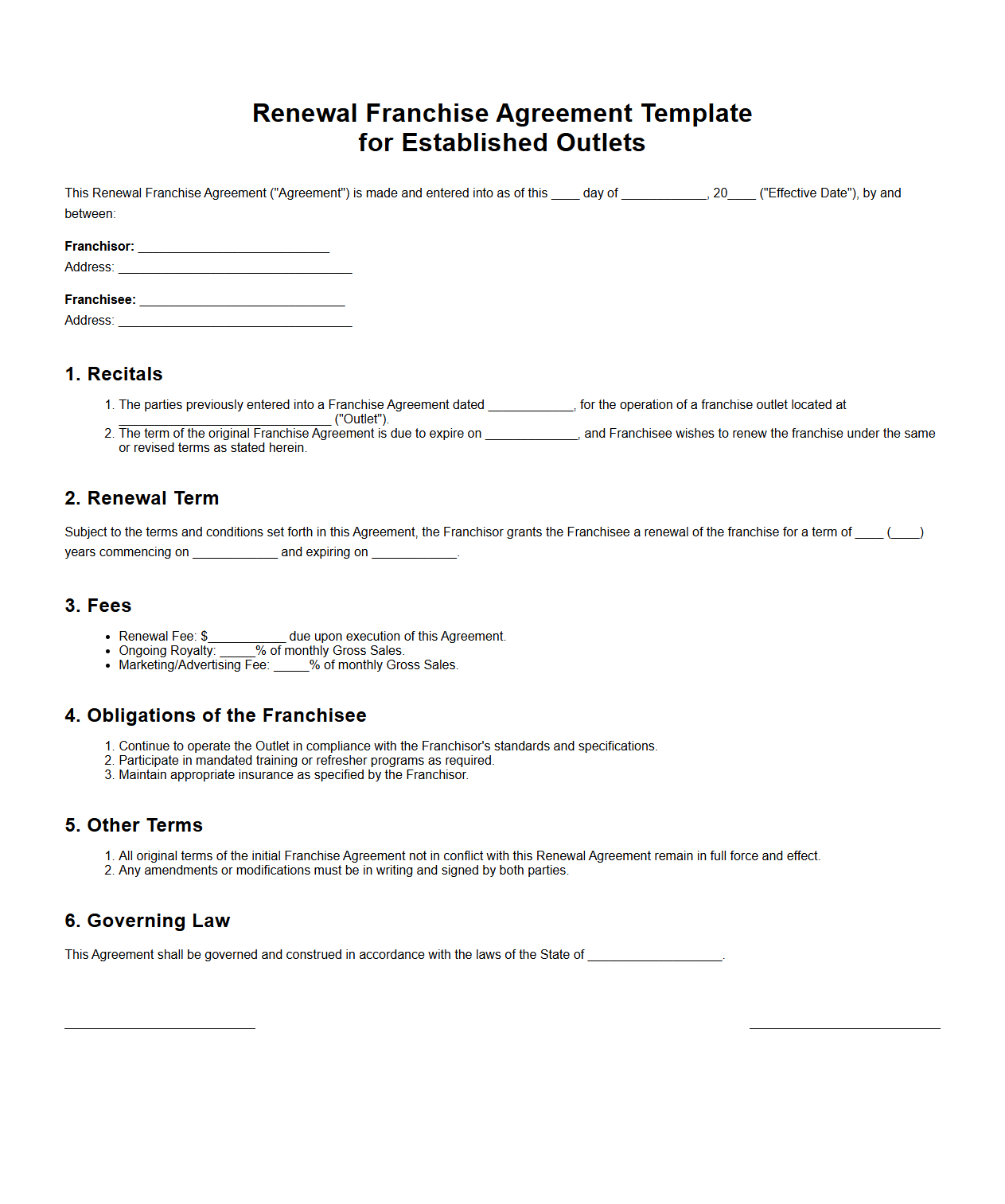 Renewal Franchise Agreement Template for Established Outlets