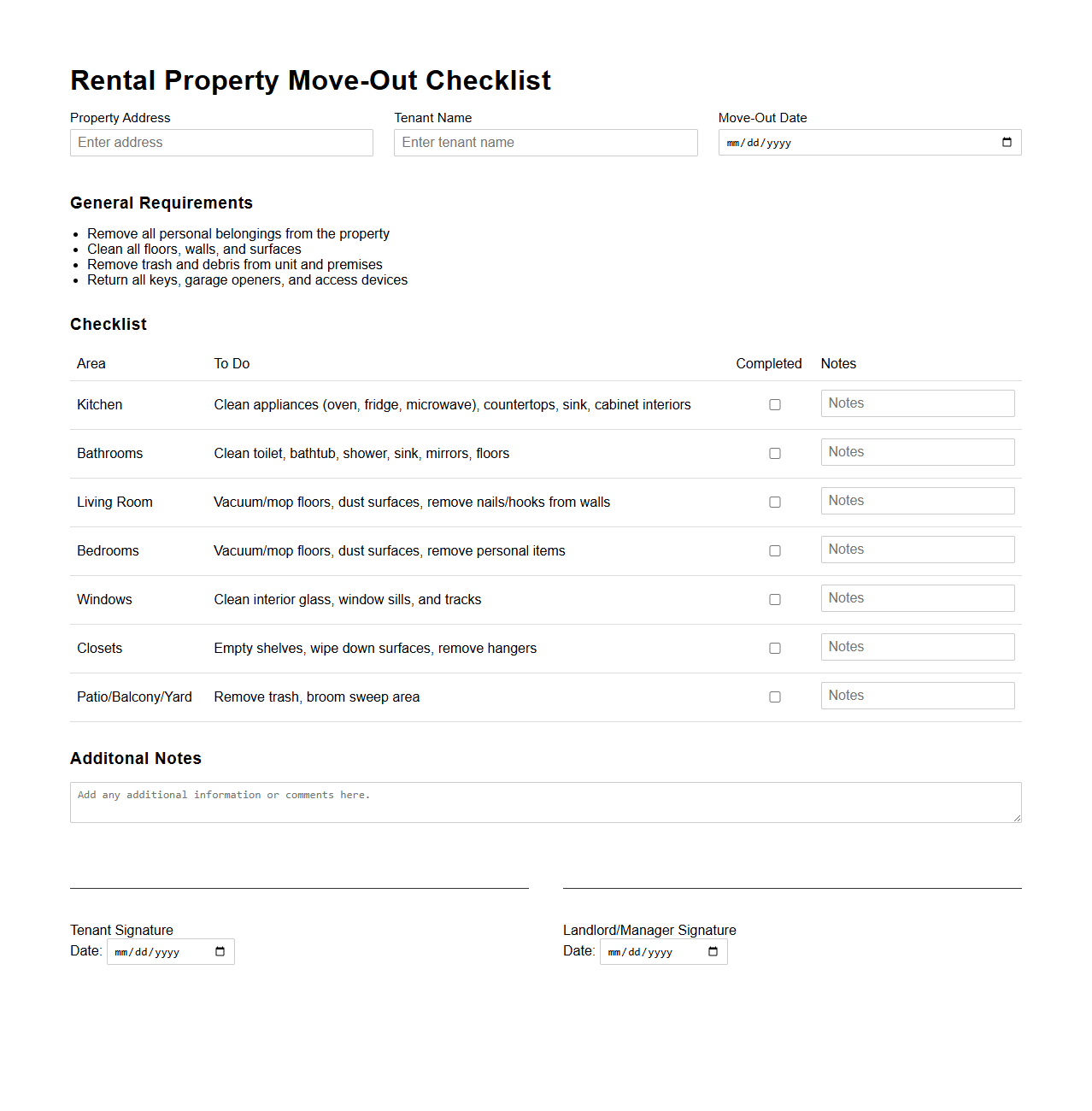 Rental Property Move-Out Checklist Sample