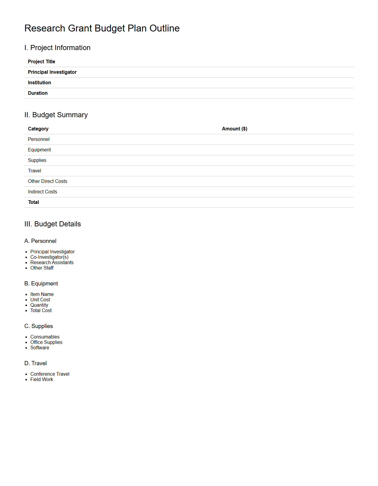 Research Grant Budget Plan Outline