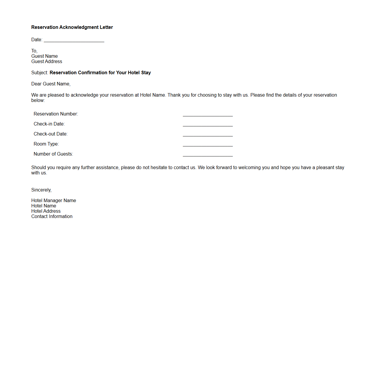 Reservation Acknowledgment Letter for Hotel Stay