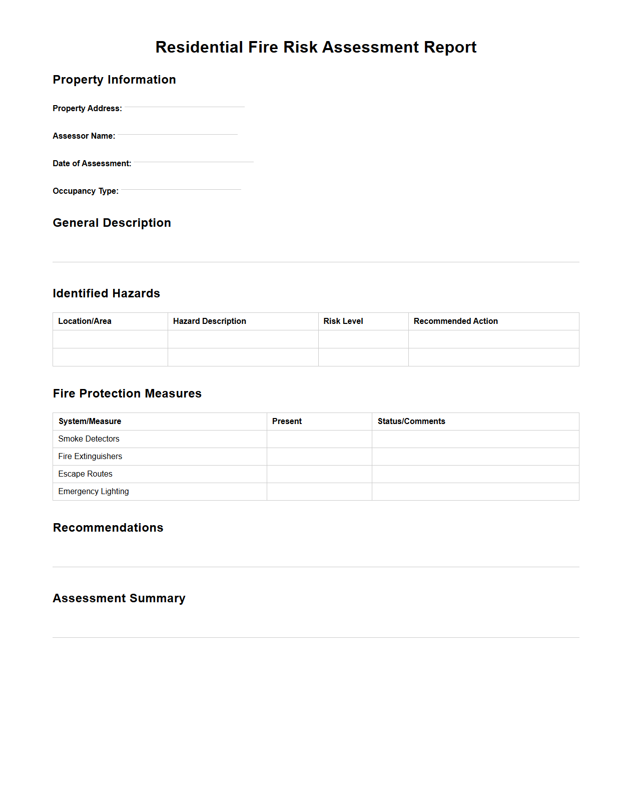 Residential Fire Risk Assessment Report Template