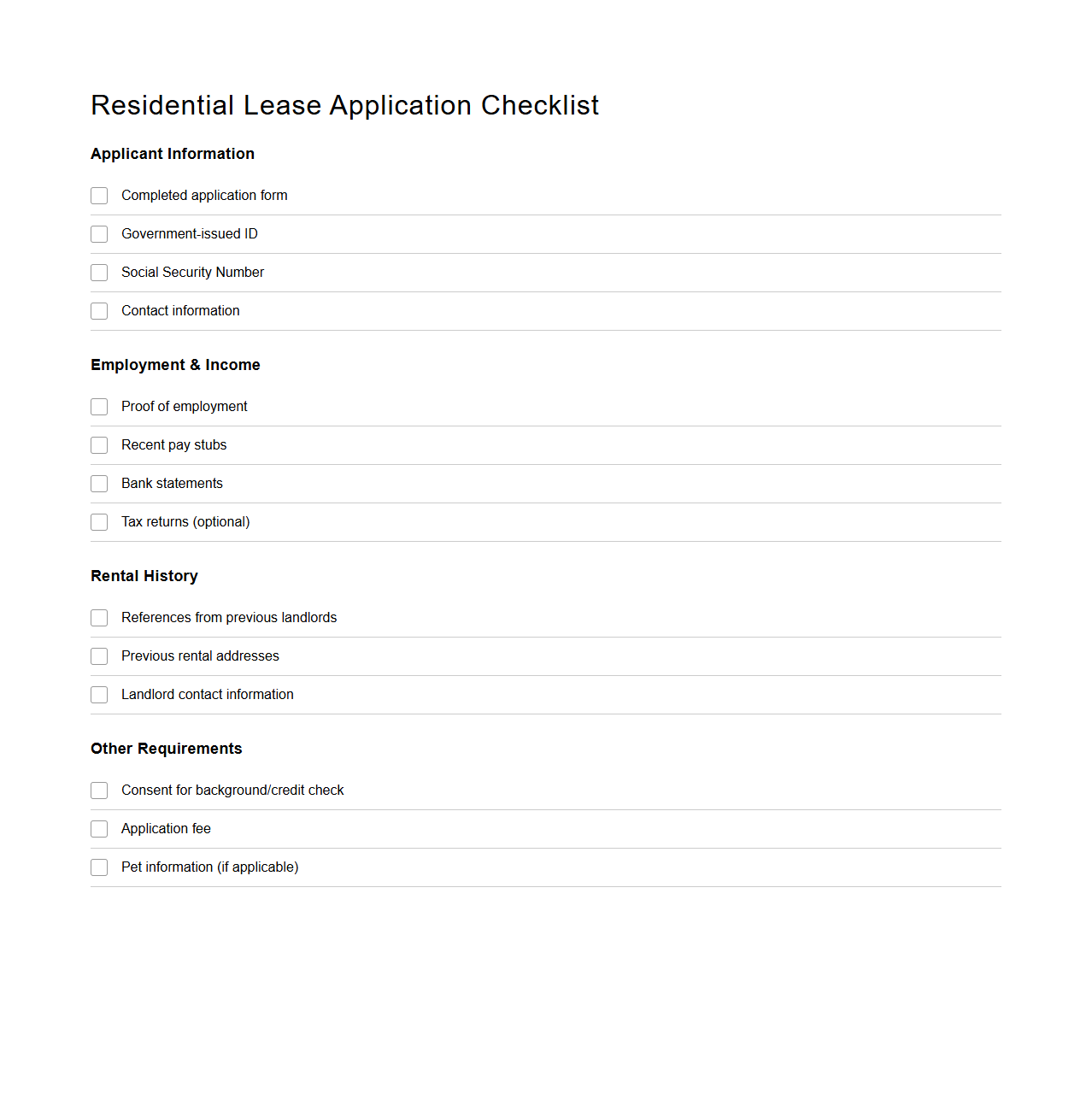 Residential Lease Application Checklist