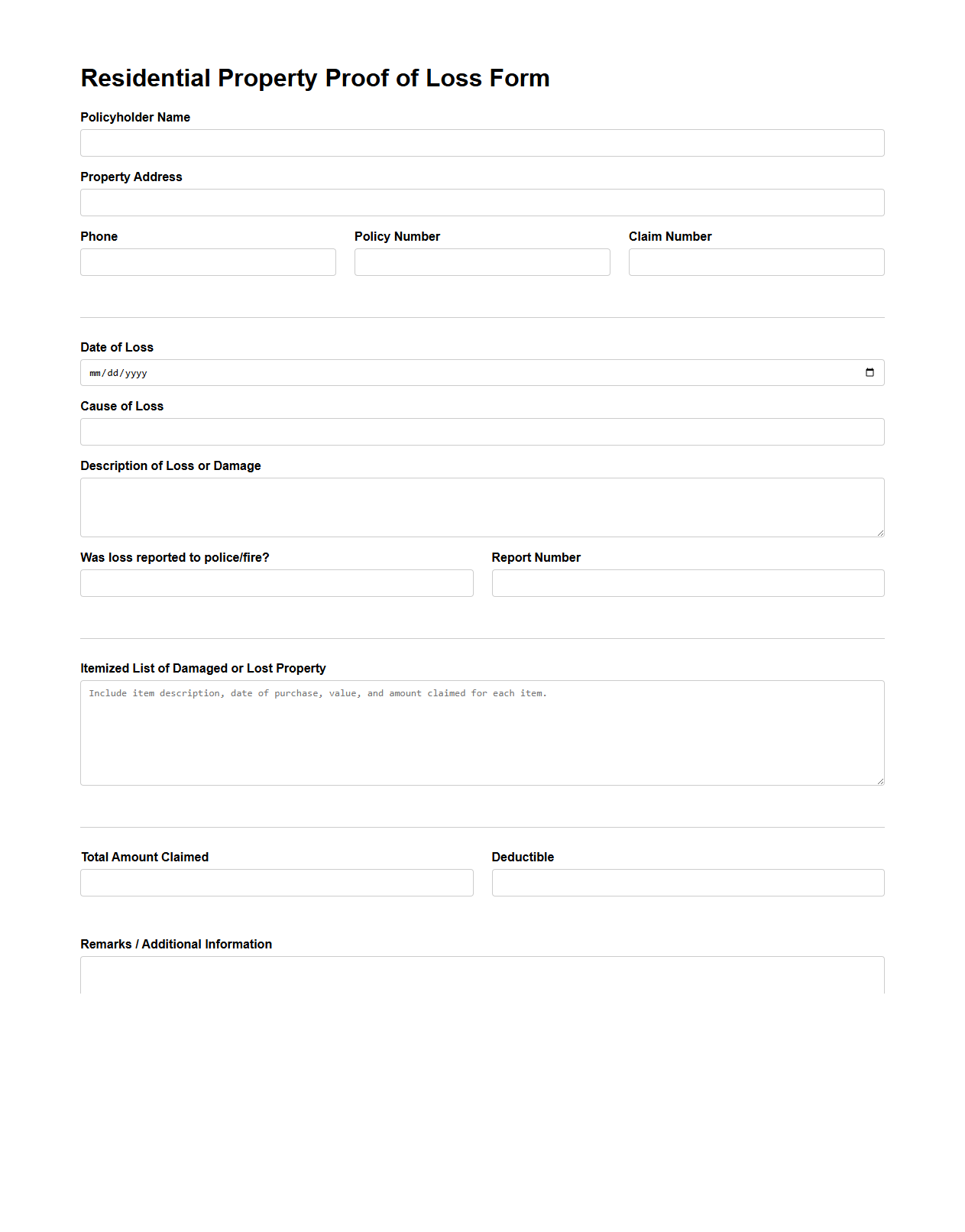 Residential Property Proof of Loss Form