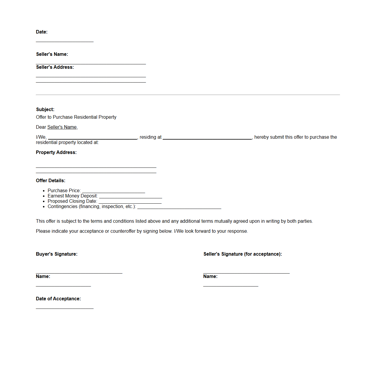 Residential Property Purchase Offer Letter Template