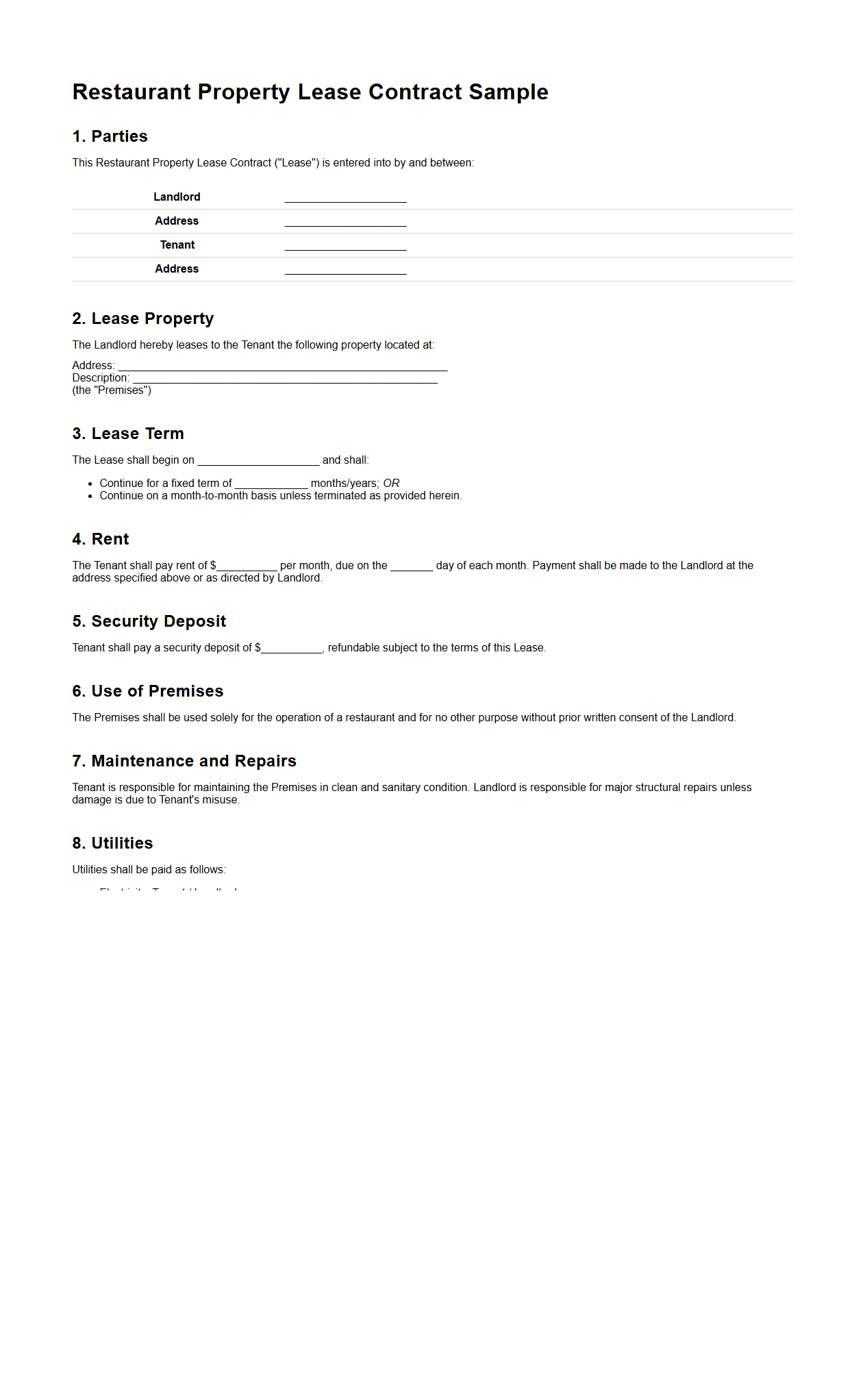 Restaurant Property Lease Contract Sample