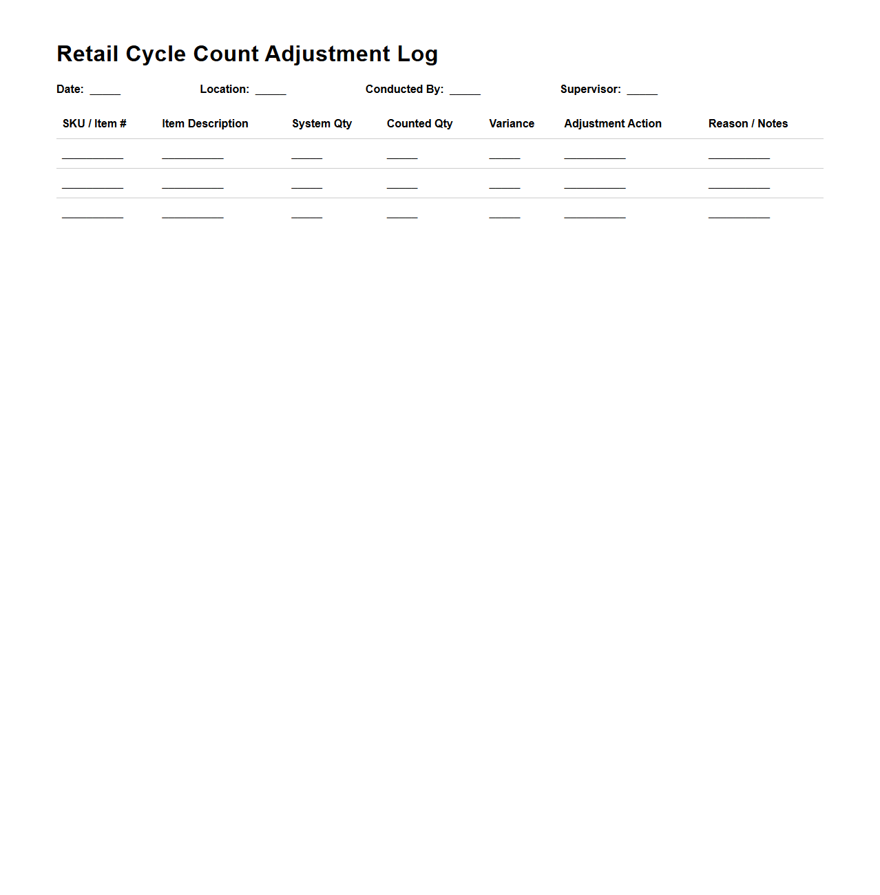 Retail Cycle Count Adjustment Log