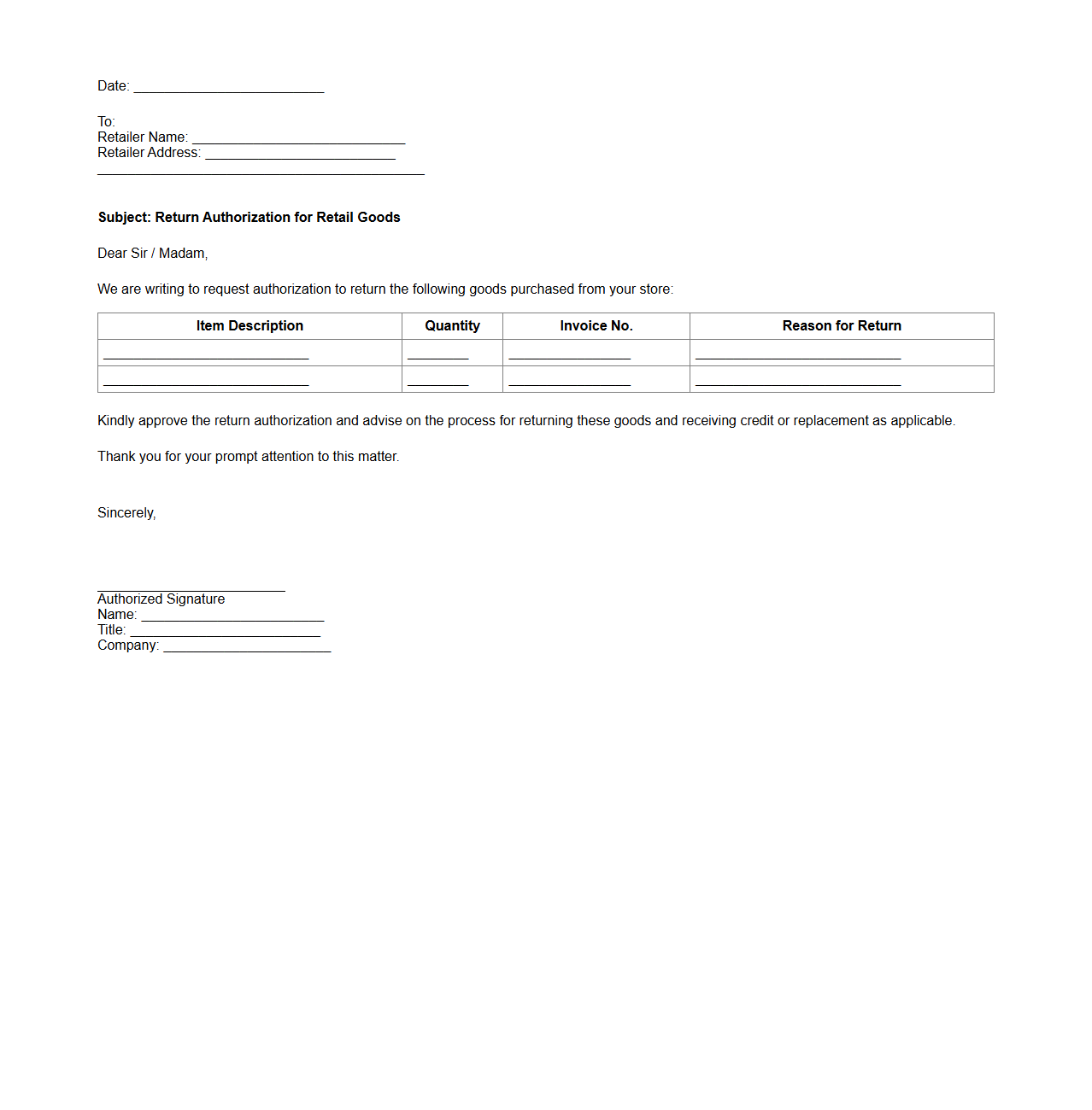 Retail Goods Return Authorization Letter
