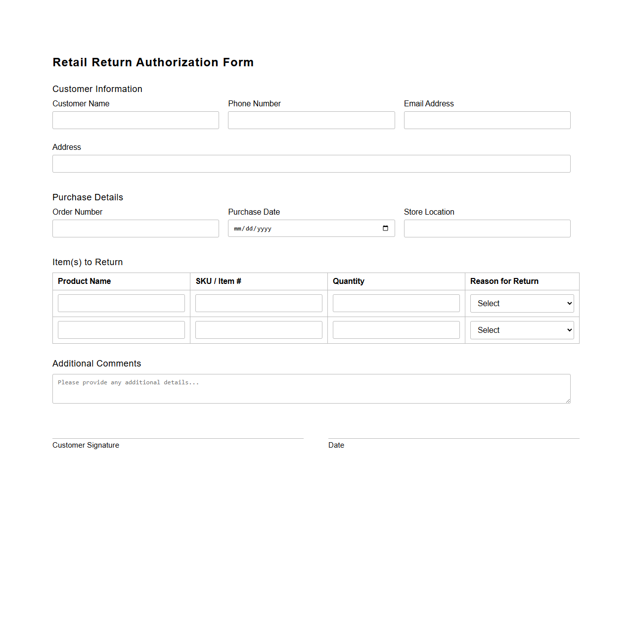 Retail Return Authorization Form Example